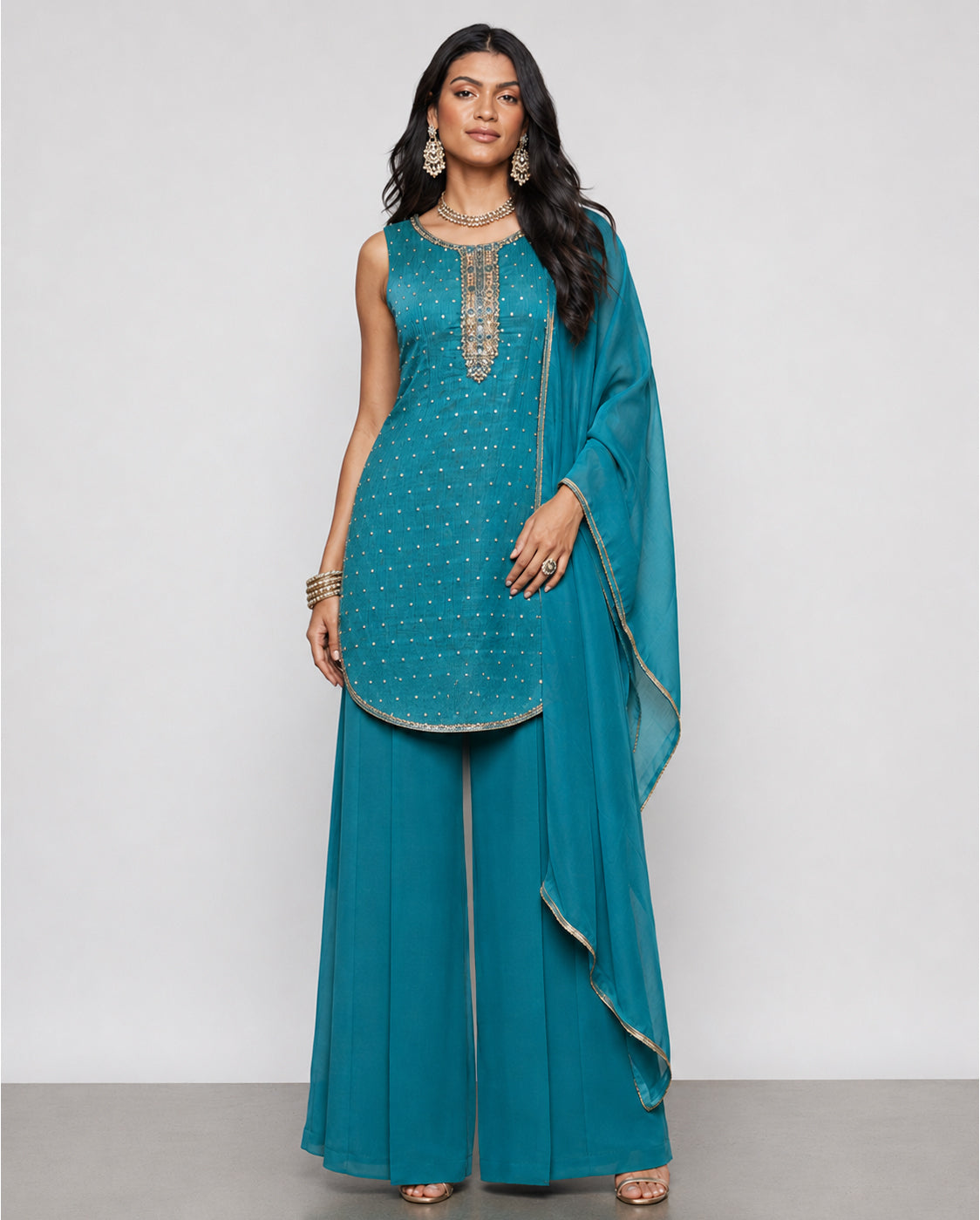 Rama Green Crush Fabric Indo Western with Resham Sequence Work