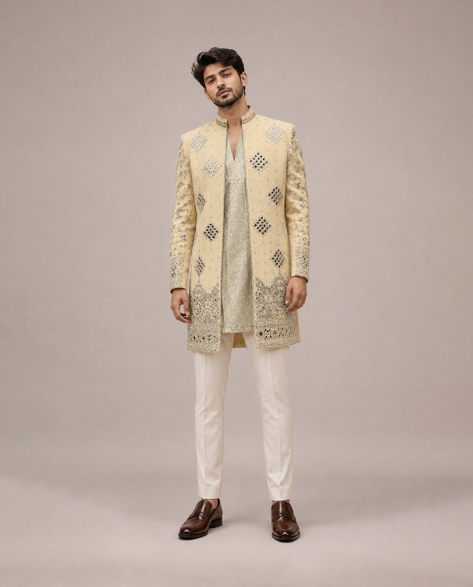 Gold Tissue Silk Indo Western with Tissue Mirror and Embroidery Work