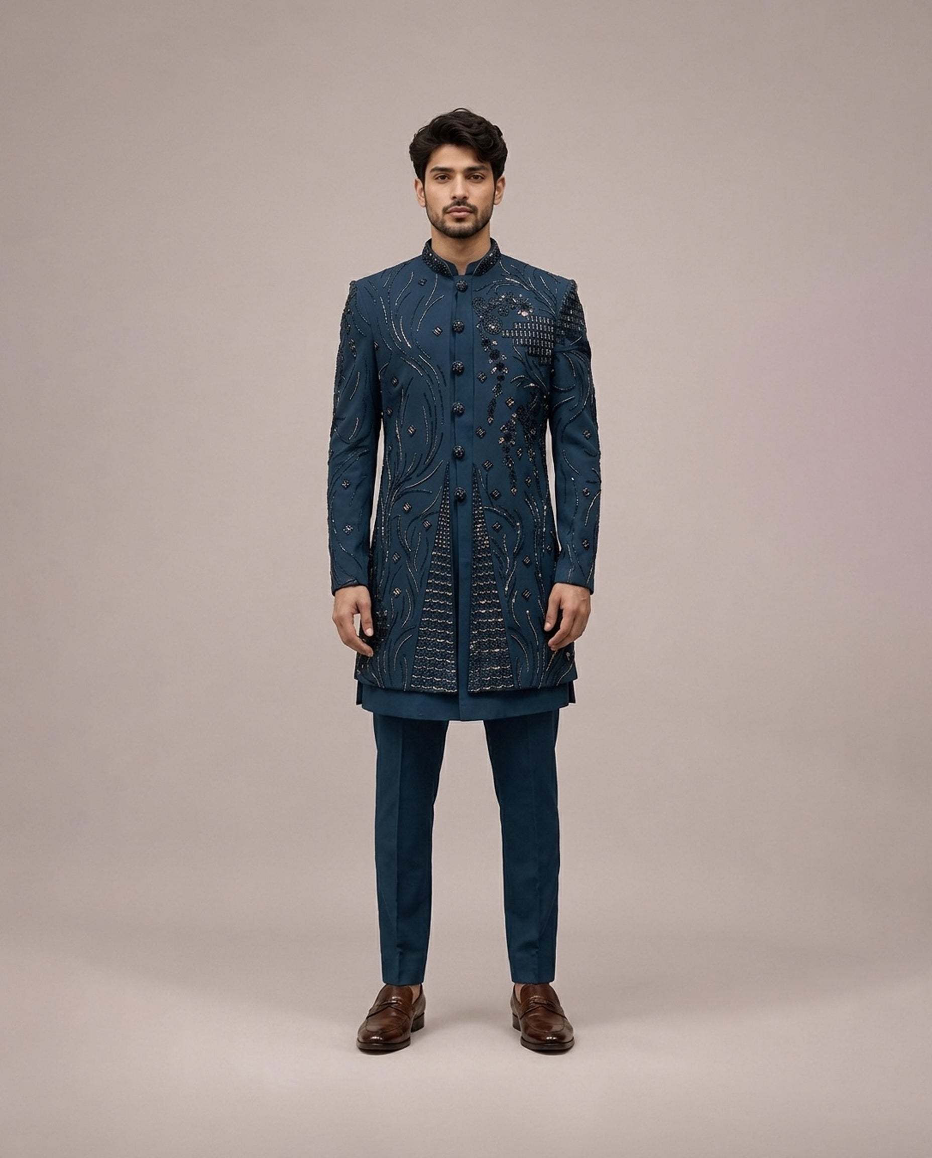 Dark Rama Indo Western with Machine and Hand Embroidery Work