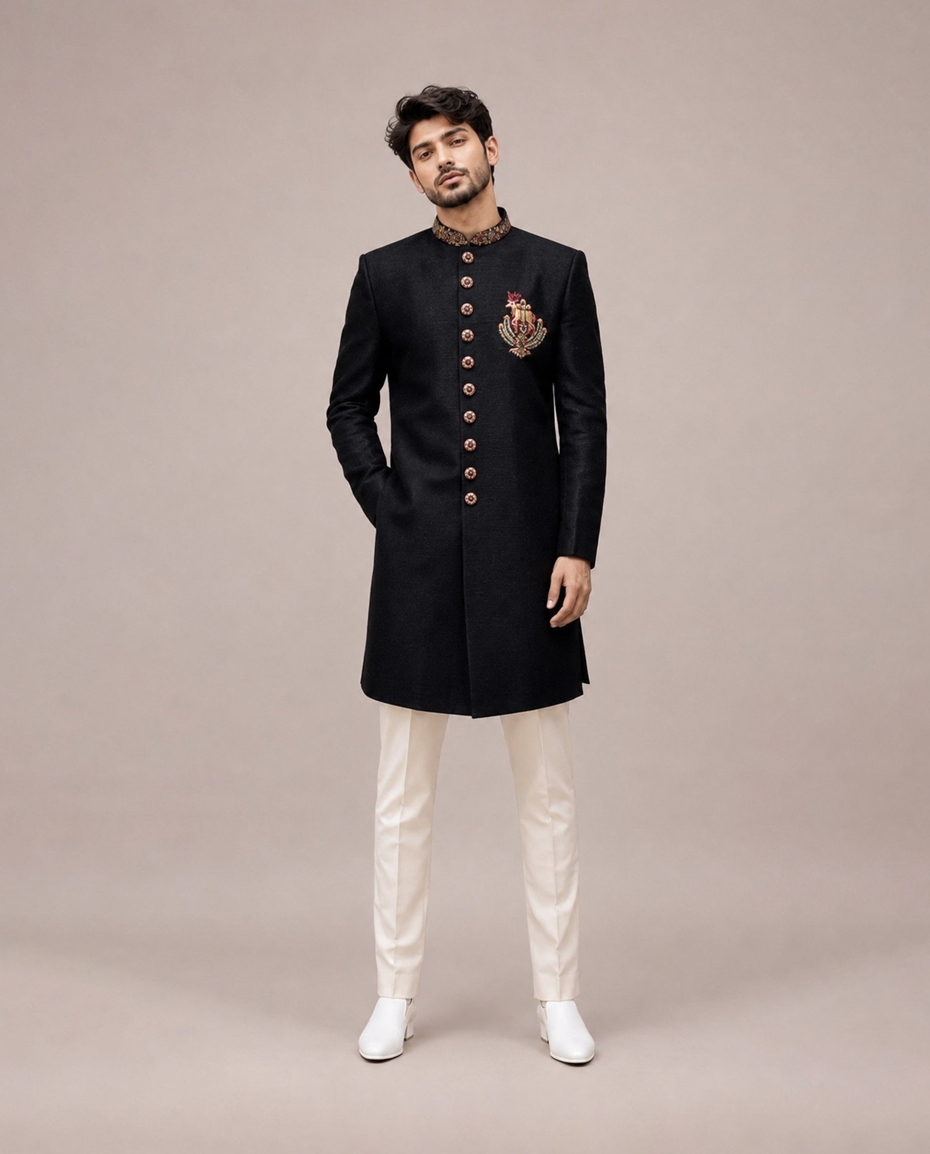 Black Silk Indo Western with Hand and Machine Embroidery Work