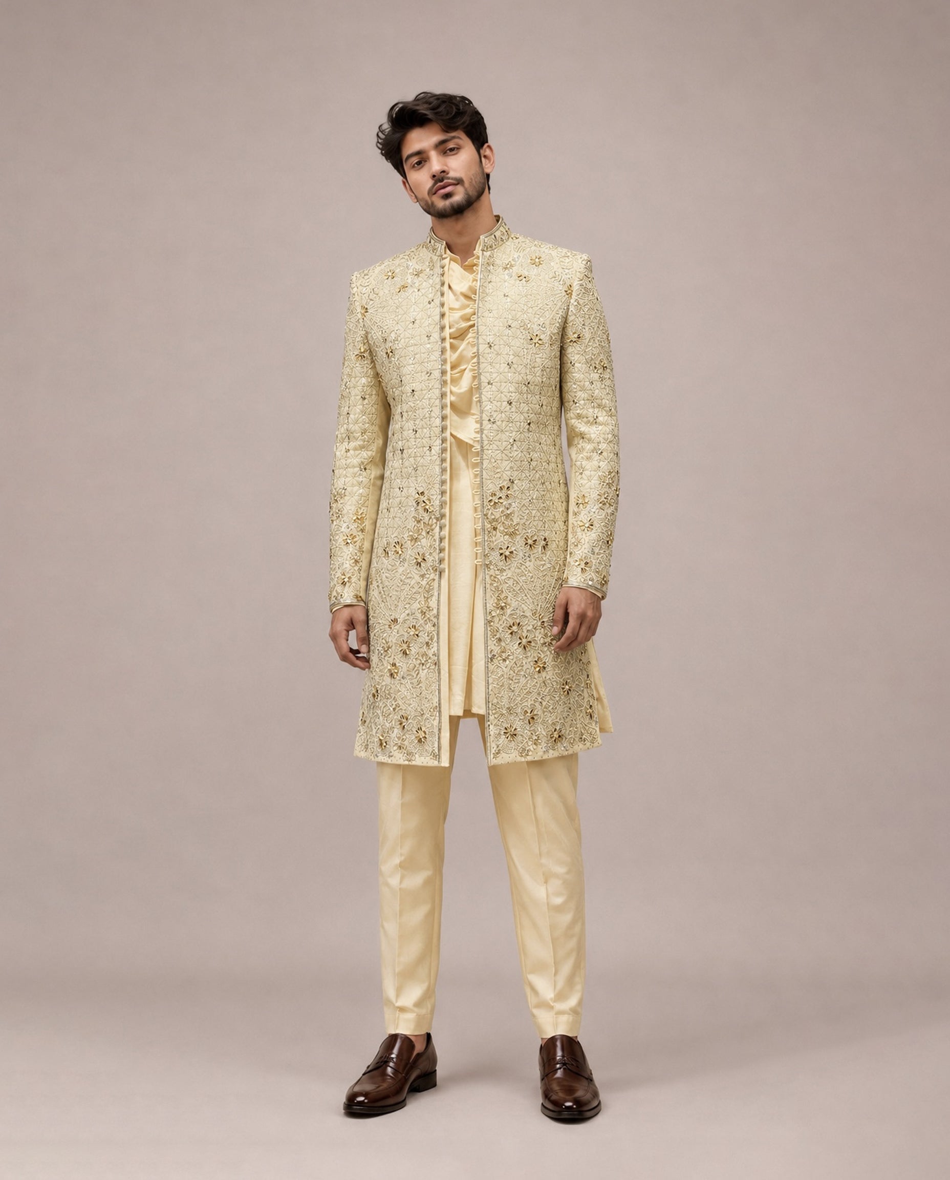 Gold Raw Silk Indo Western with Hand Embroidery and Thread Work