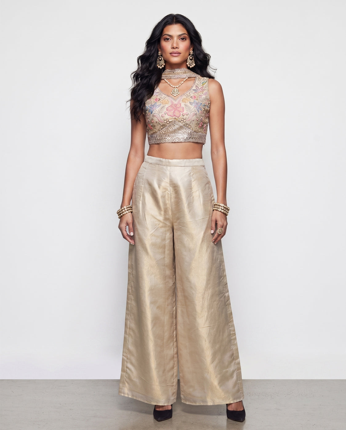 Cream Tissue Silk Indo Western with Resham Sequence and Cutdana Work