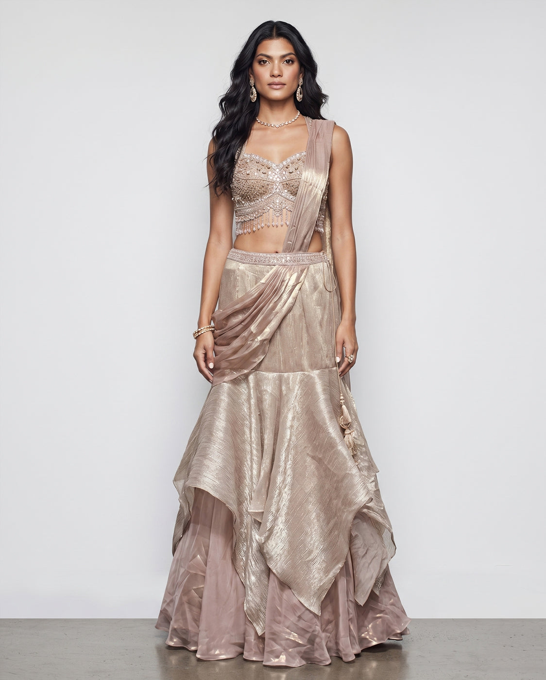 Biscuit Tissue Silk Indo Western Outfit with Mirror Moti and Sequins Work
