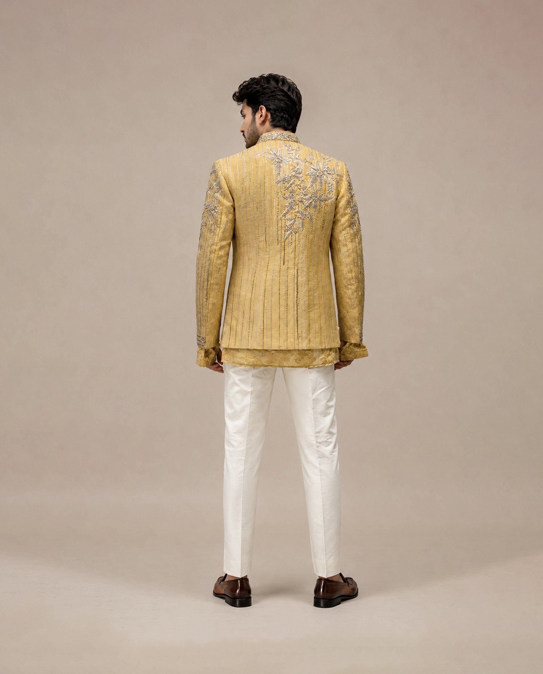 Mustard Tissue Silk Indo Western with Hand Embroidery and Thread Work