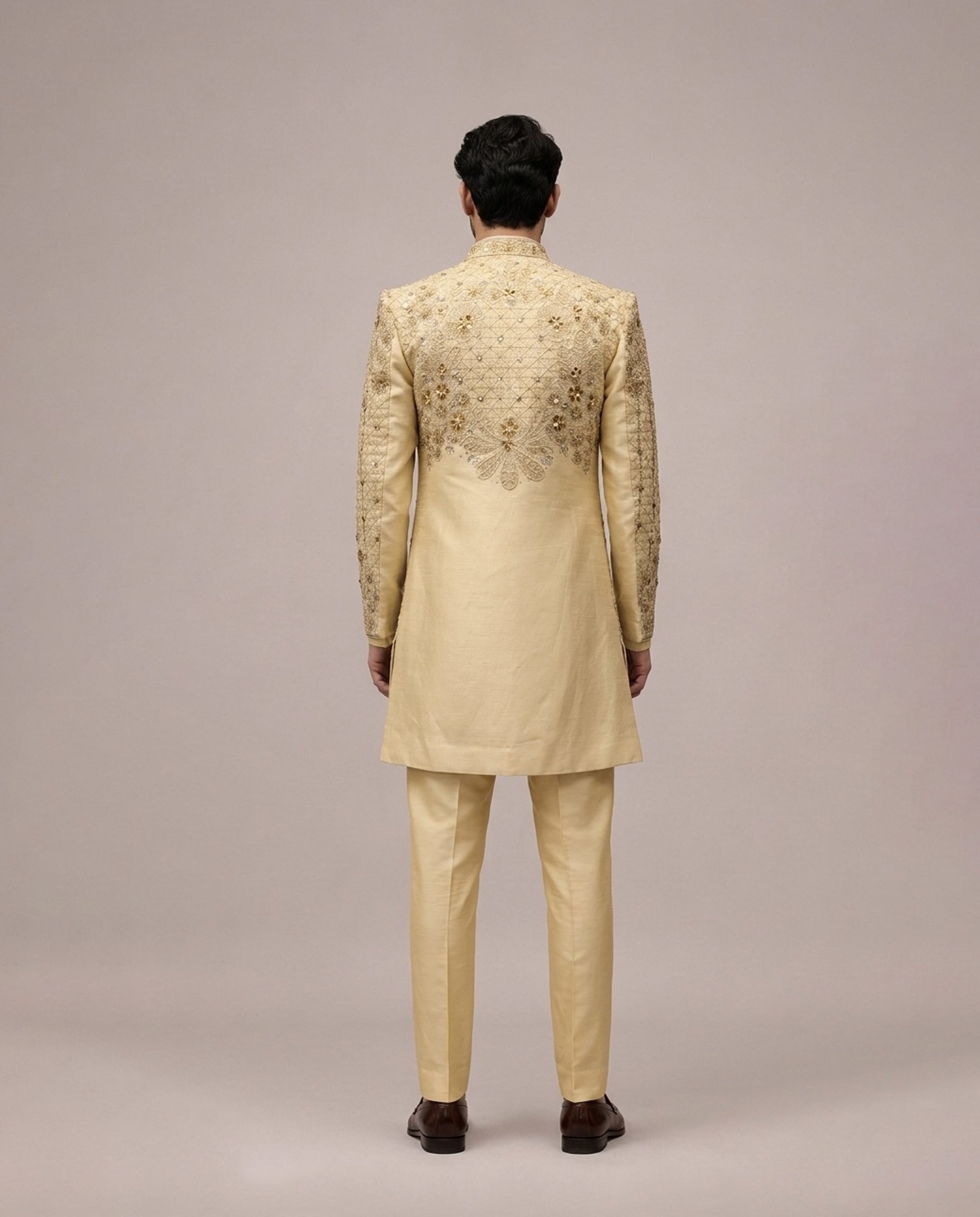 Gold Raw Silk Indo Western with Hand Embroidery and Thread Work