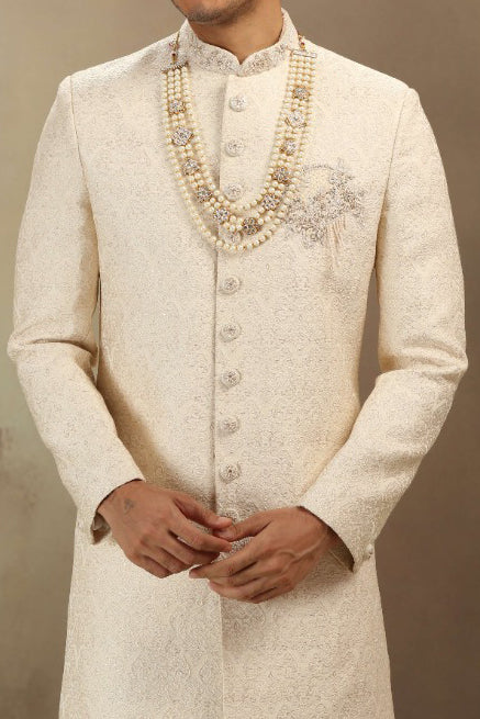 Off White Silk Sherwani with Dori Work