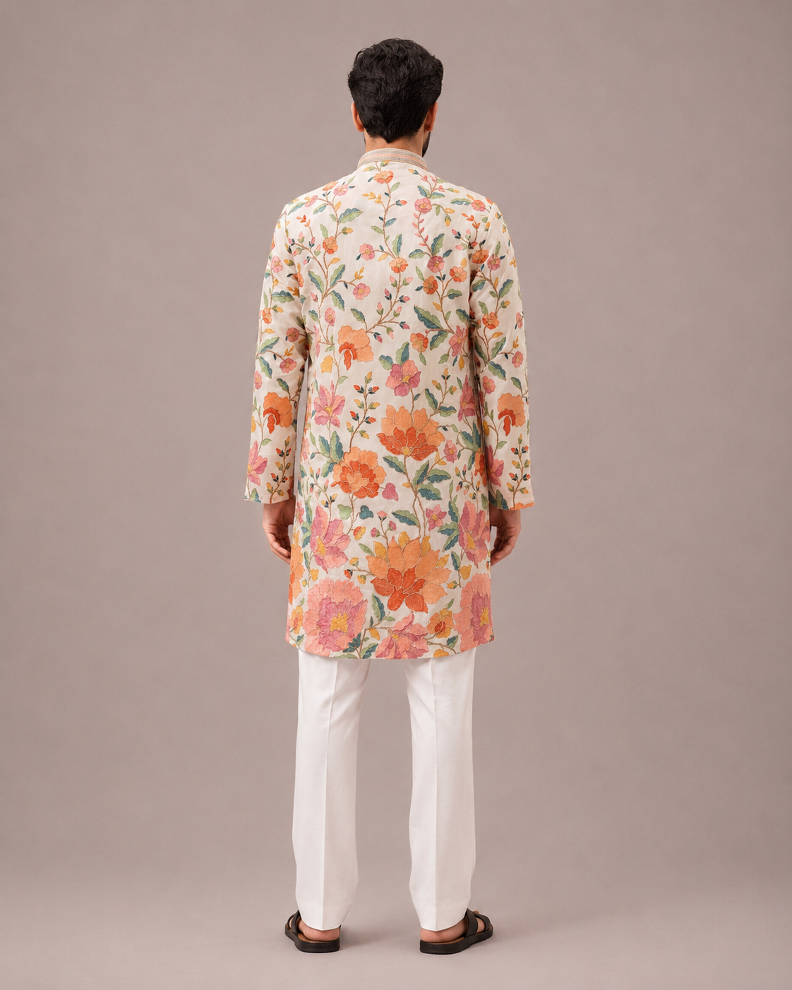 White Chiffon Kurta Set with Floral Print and Embroidery Work