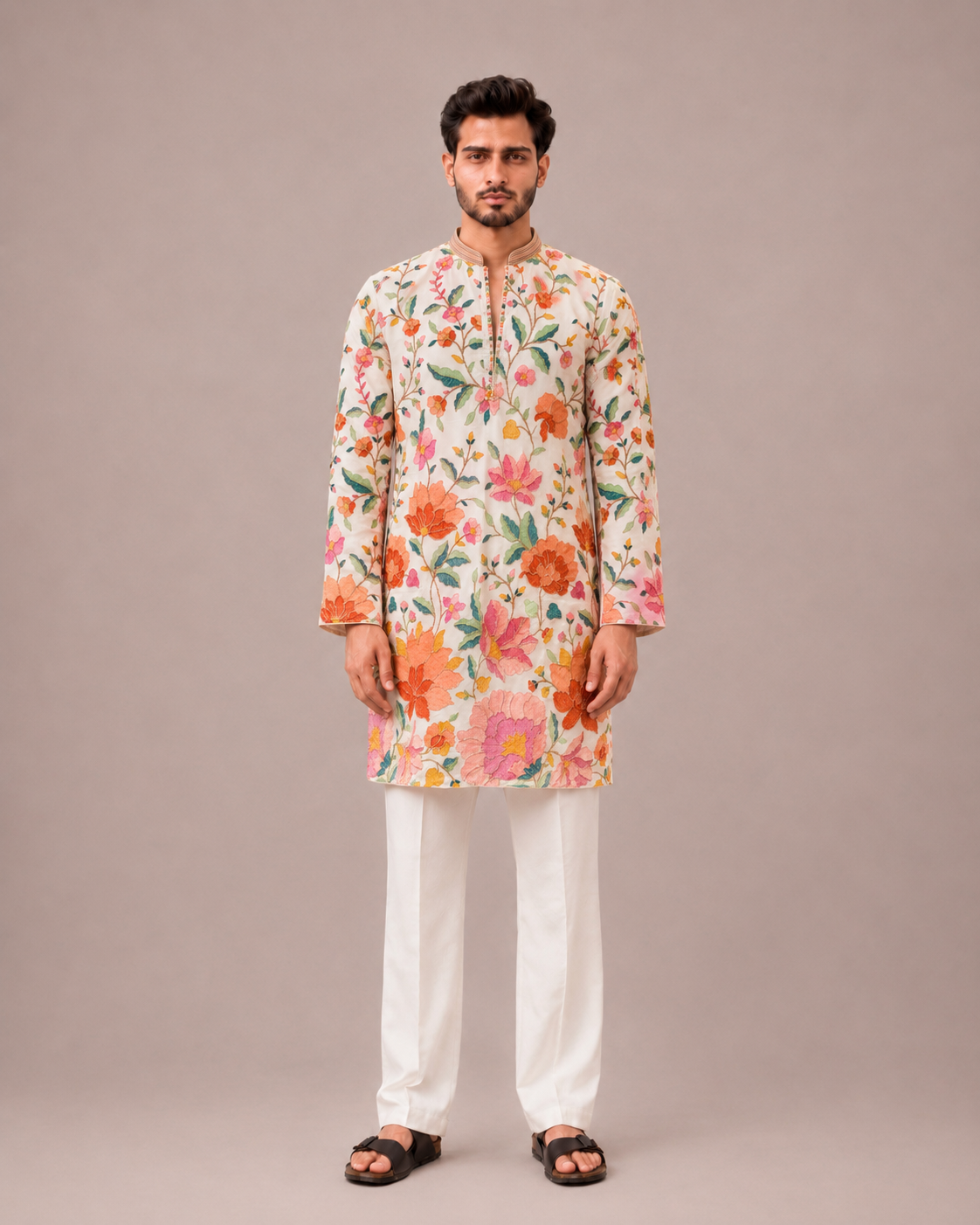 White Chiffon Kurta Set with Floral Print and Embroidery Work