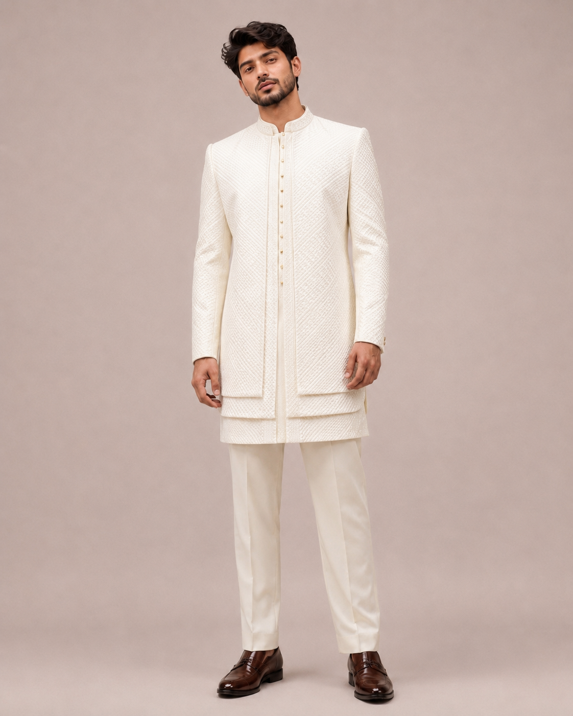 White Lakhnavi Indo Western for Men with Thread Work