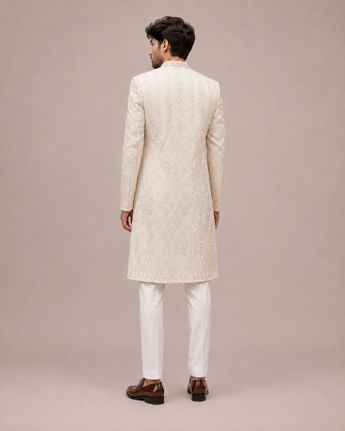 White Silk Indo Western for Men with Machine Work
