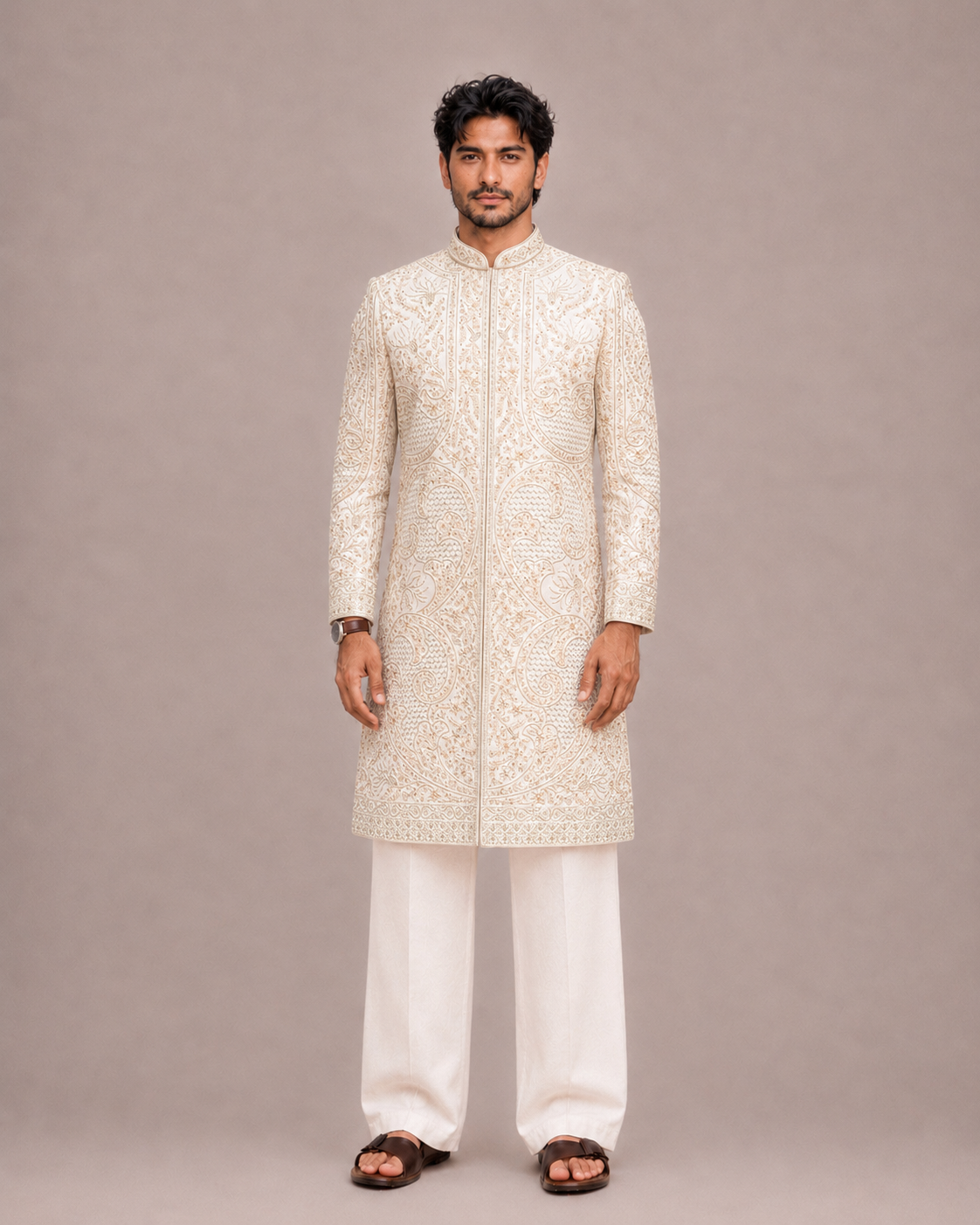 White Silk Sherwani with Machine Work