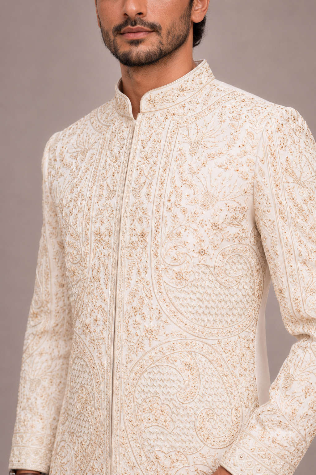 White Silk Sherwani with Machine Work