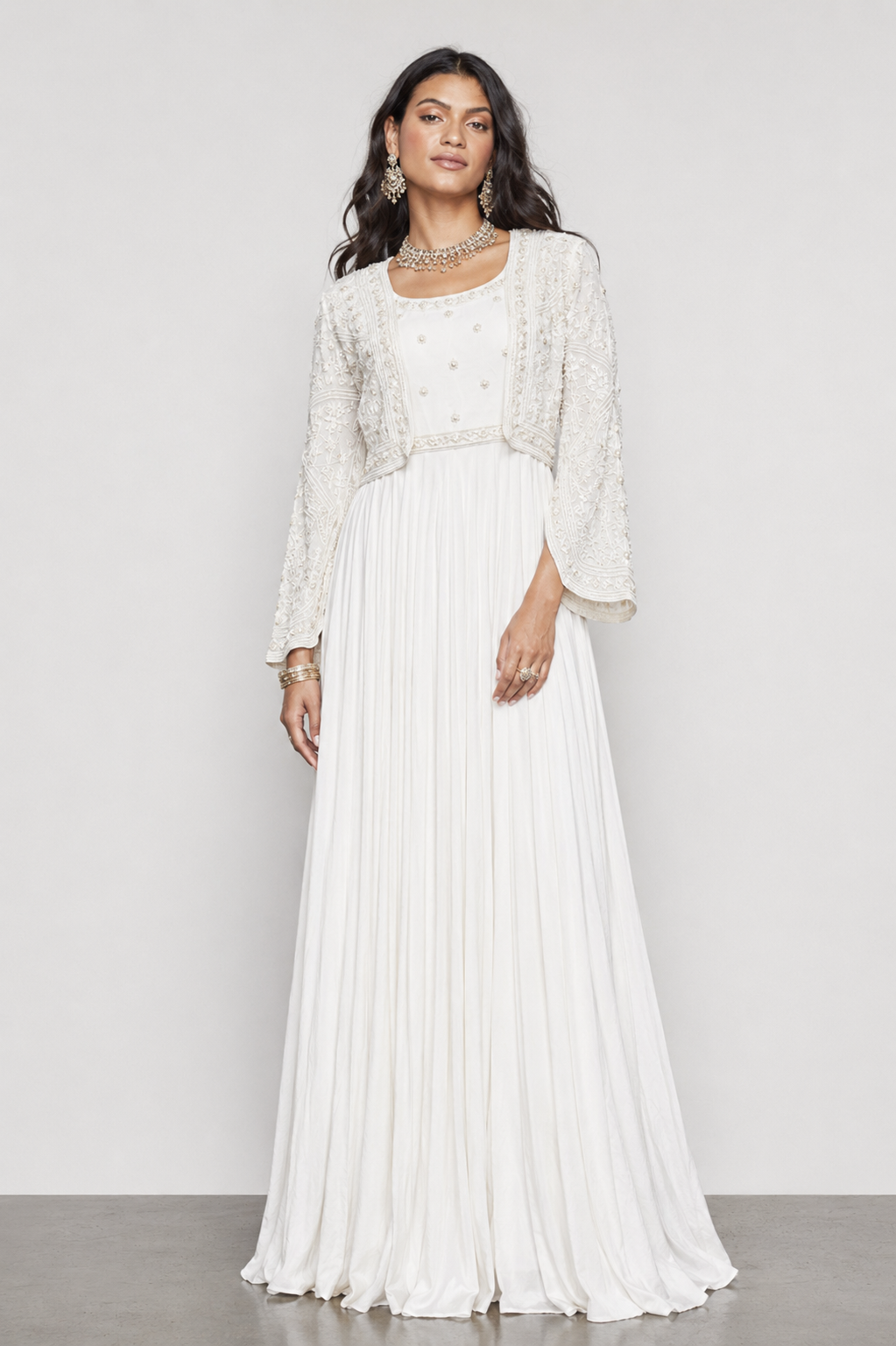 White Soft Silk Indo Western Outfit with Kardana Moti Resham Work