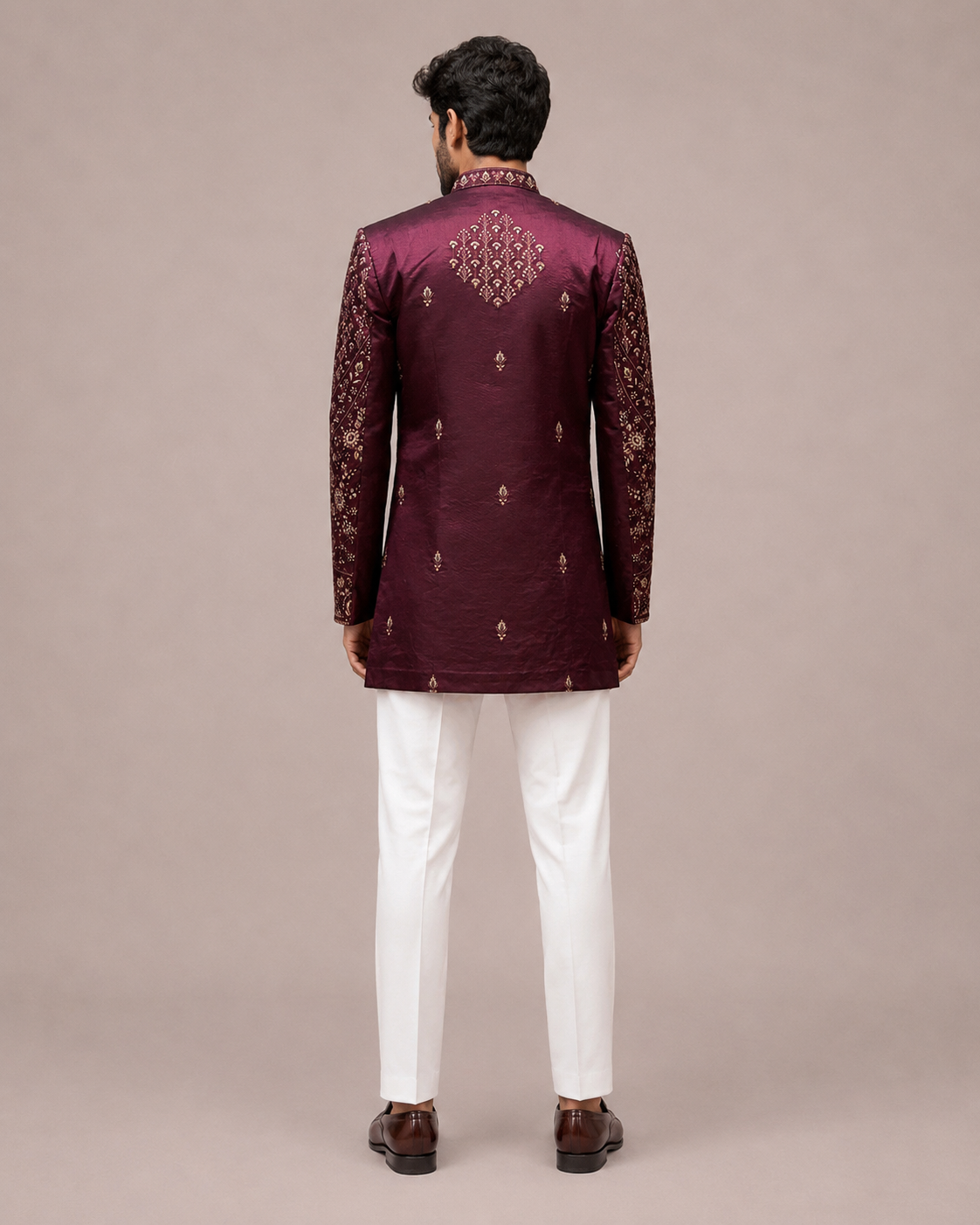 Wine Art Silk Indo Western for Men with Machine Embroidery Work