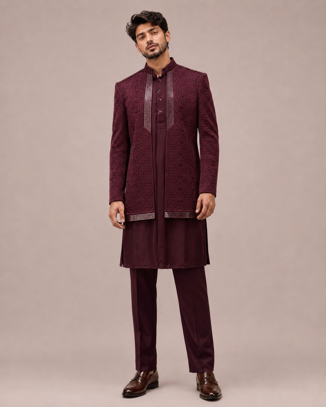 Wine Banaglori Silk Kurta Indo Western for Men with Machine Work