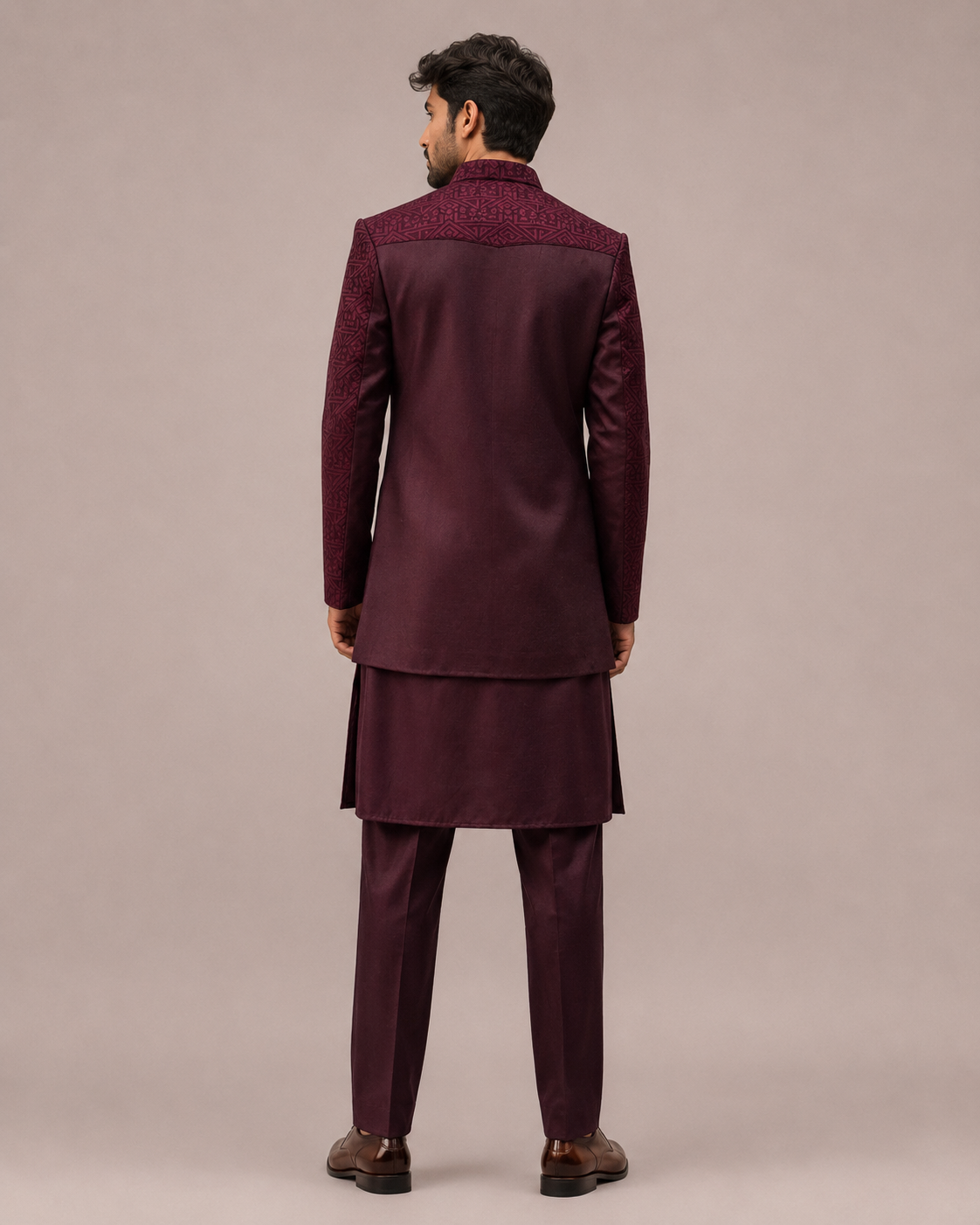 Wine Banaglori Silk Kurta Indo Western for Men with Machine Work