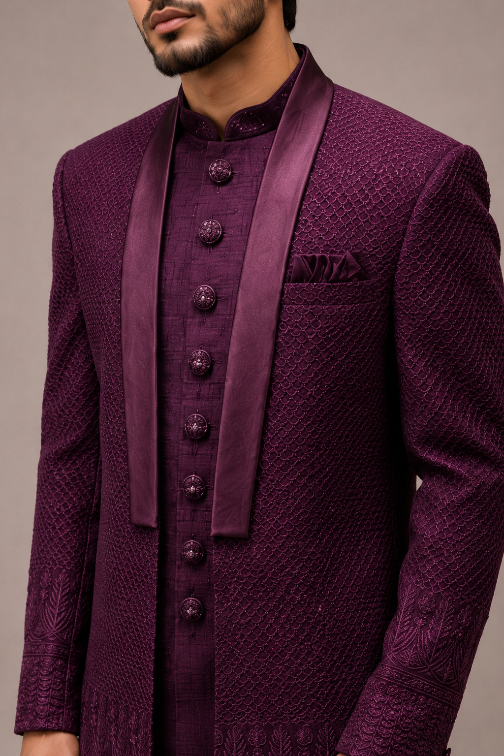 Wine Imported Fabric Indo Western for Men with Computer Work