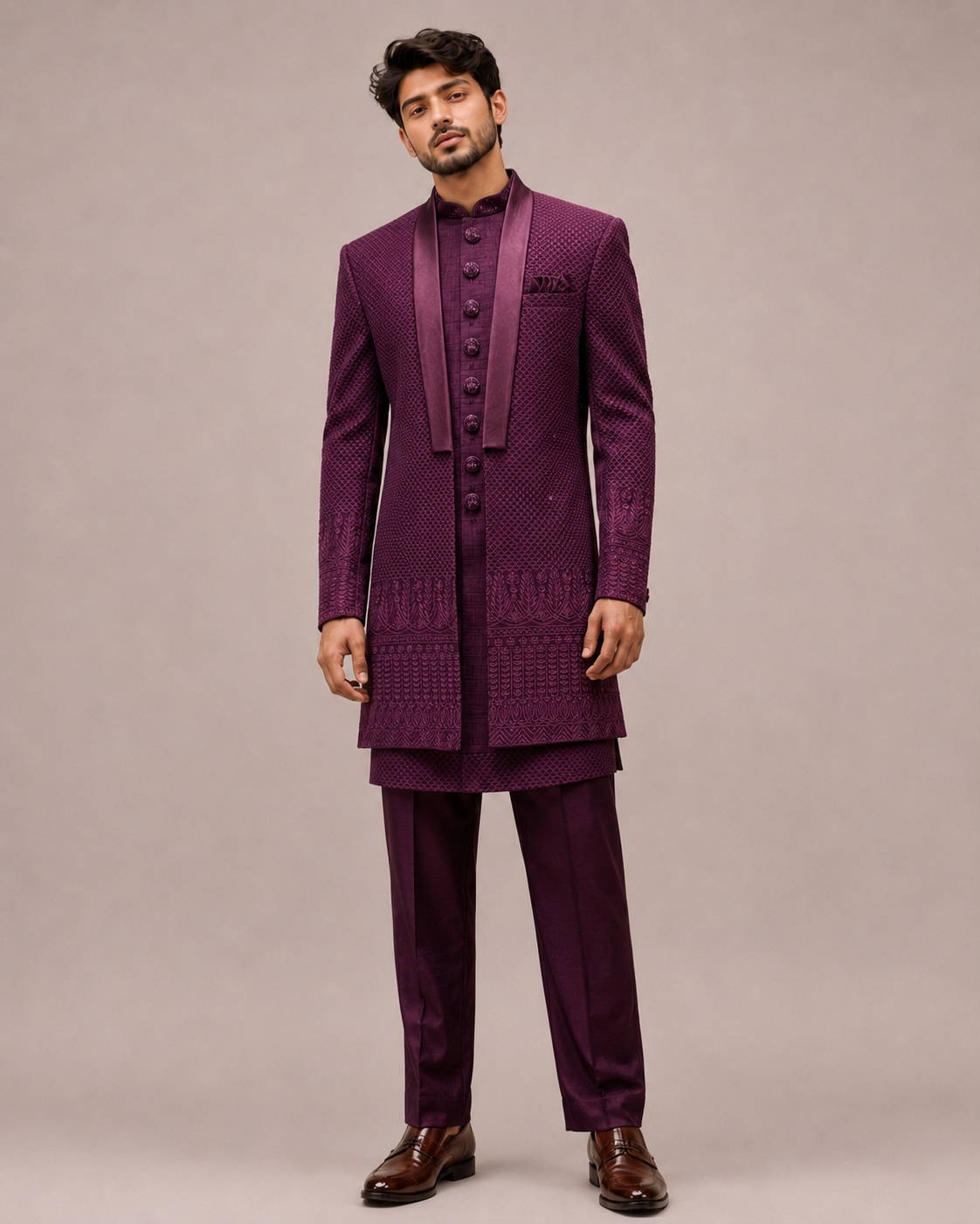 Wine Imported Fabric Indo Western for Men with Computer Work