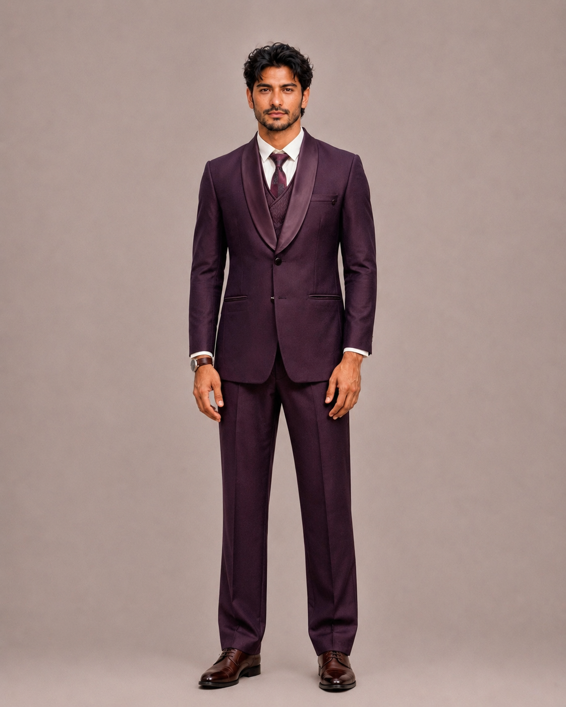 Wine Italian Fabric 5 Piece Tuxedo Suit