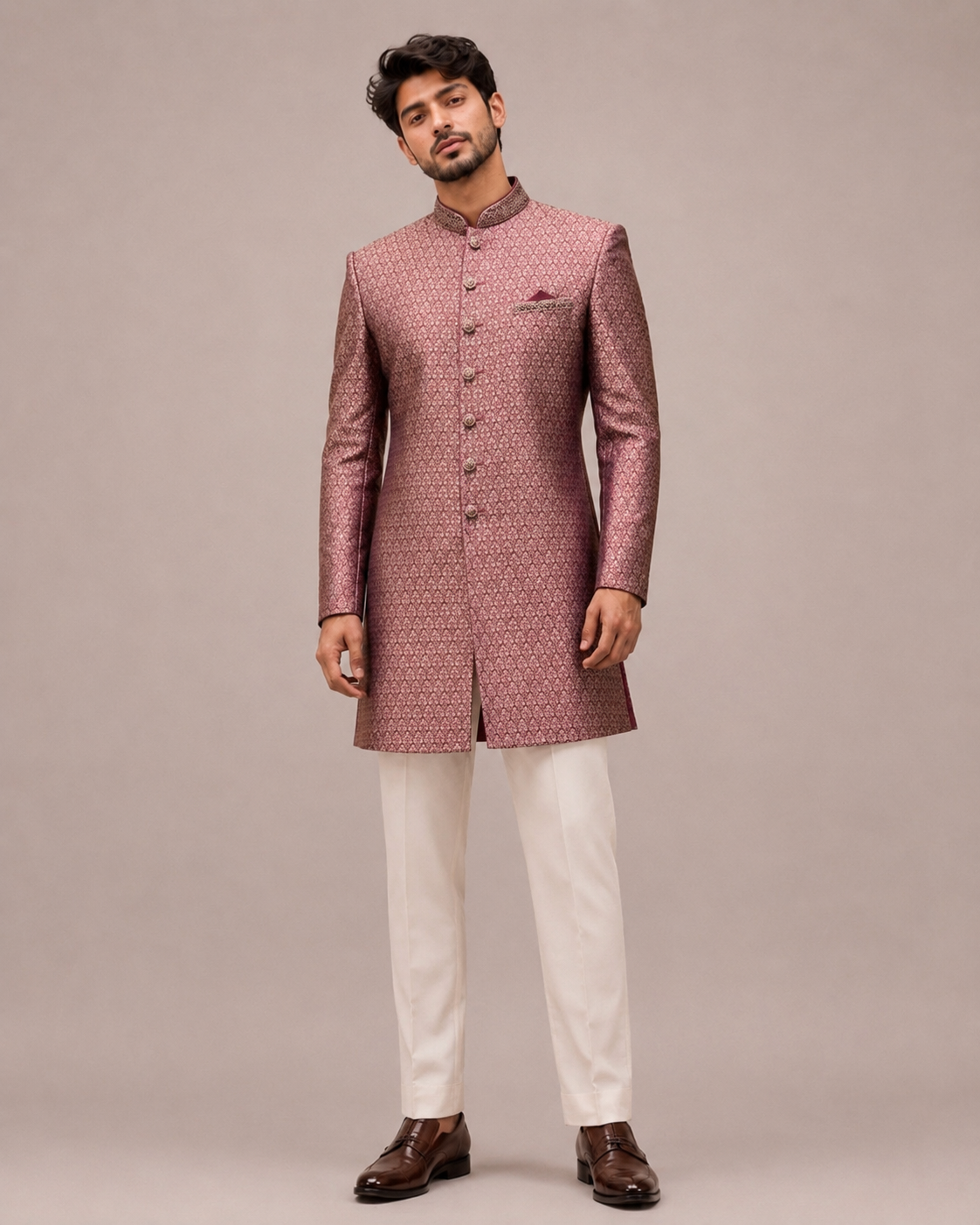 Wine Jacquard Silk Indo Western for Men with Hand Work on Neck, Button and Pocket