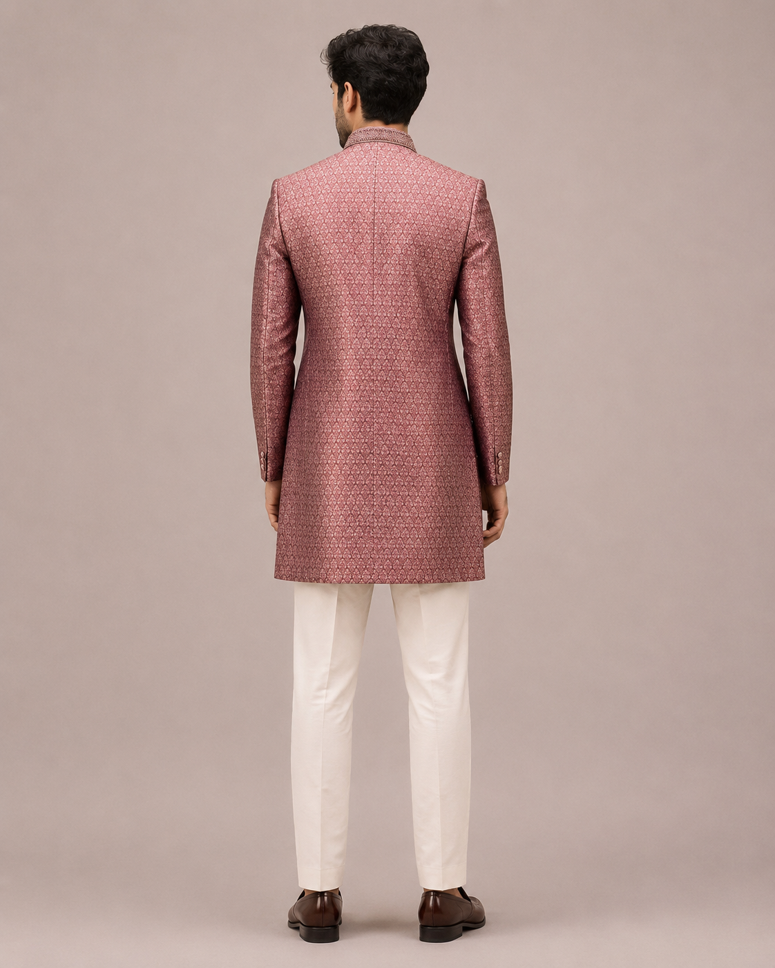 Wine Jacquard Silk Indo Western for Men with Hand Work on Neck, Button and Pocket