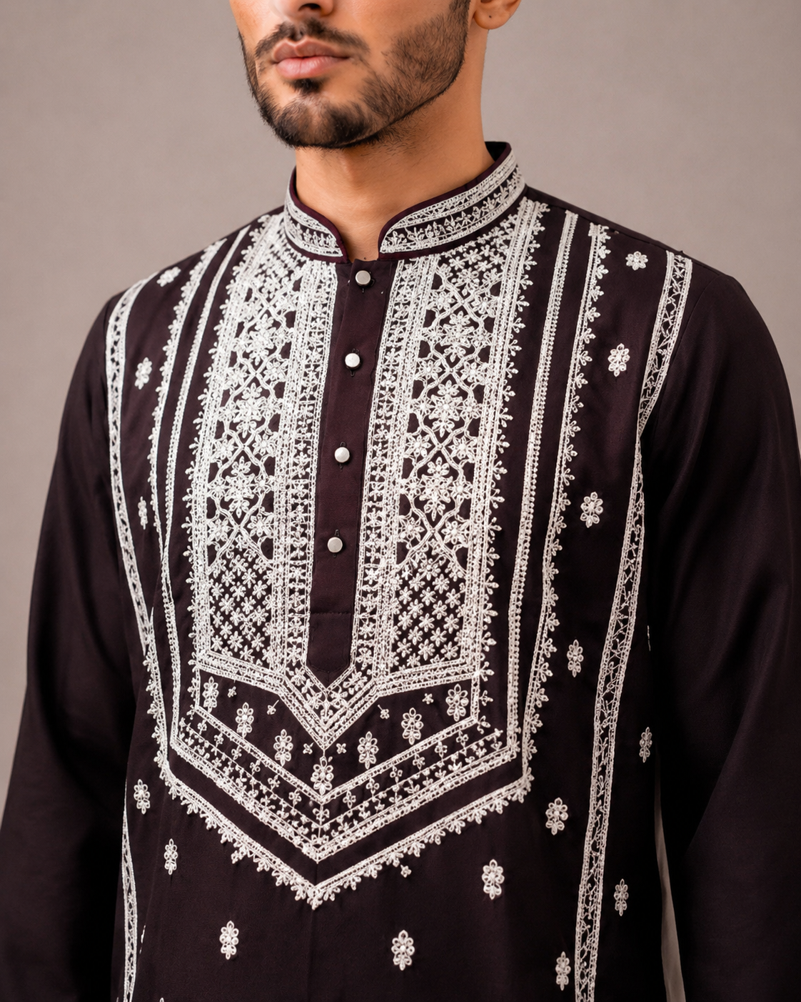 Wine Korean Fabric Kurta Set with Hand & Computer Embroidery Work