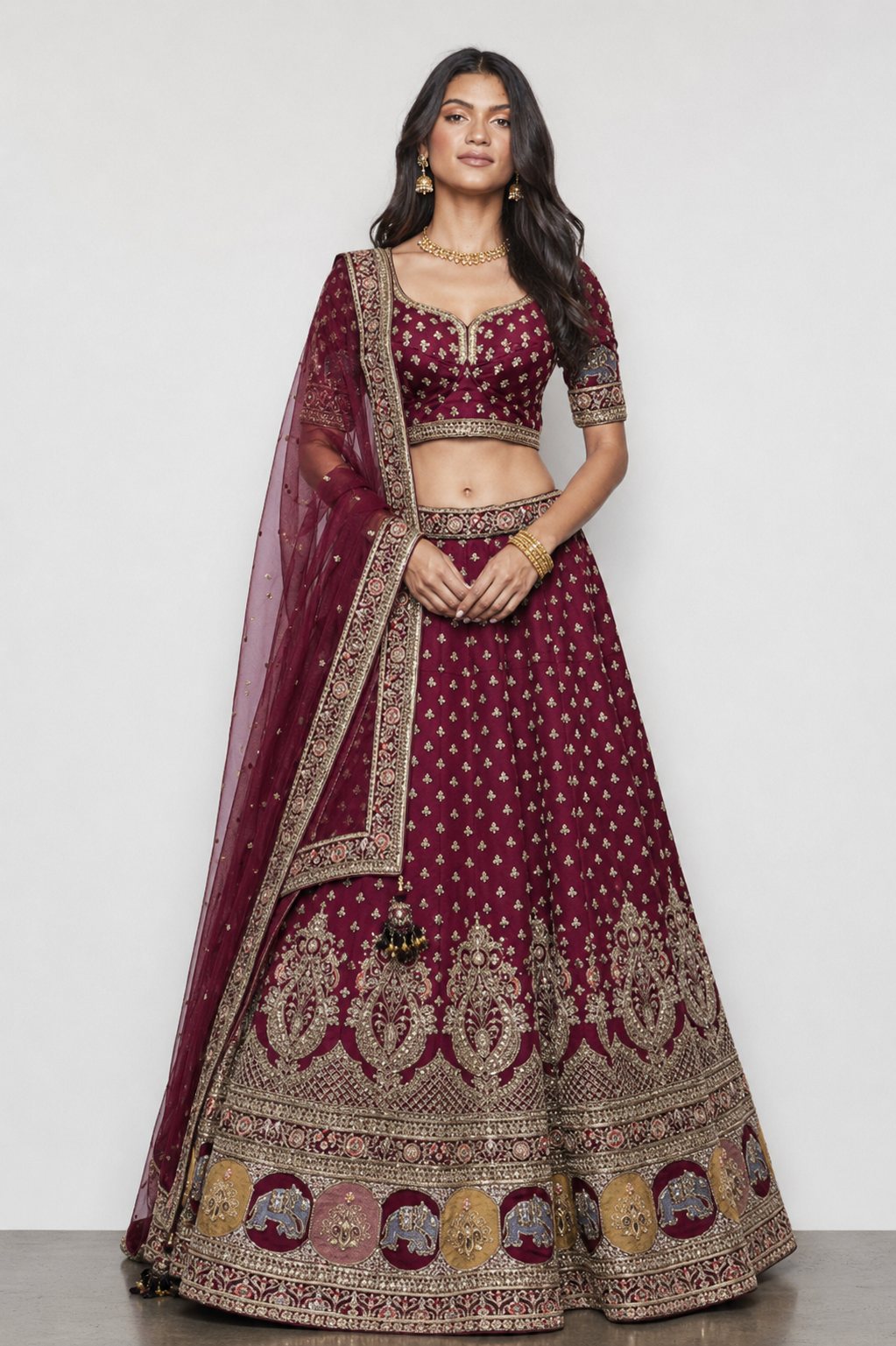 Wine Raw Silk Bridal Lehenga with Sicon and Resham Work