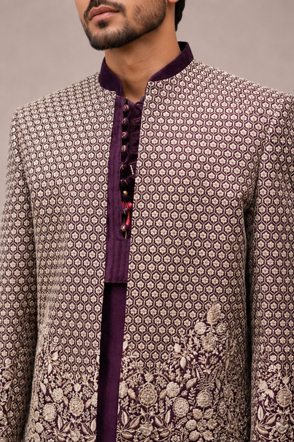 Wine Silk Indo Western for Men with Machine Thread Work