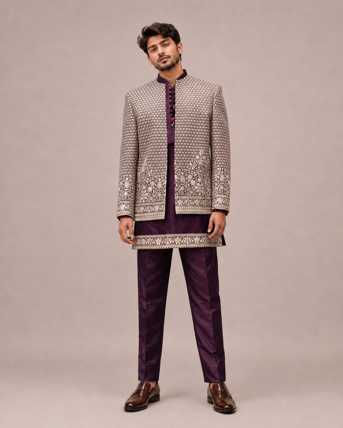 Wine Silk Indo Western for Men with Machine Thread Work