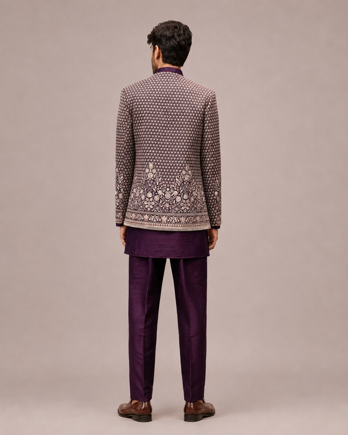 Wine Silk Indo Western for Men with Machine Thread Work