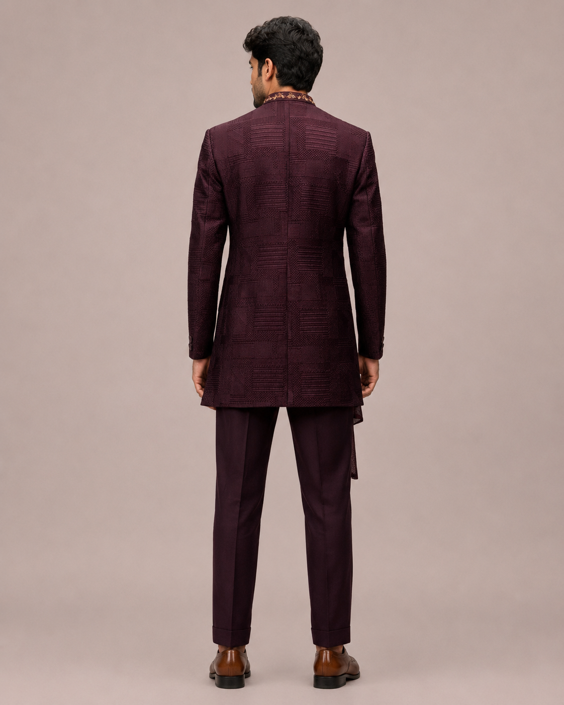 Wine Silk Indo Western with Machine Prints and Hand Embroidery Work