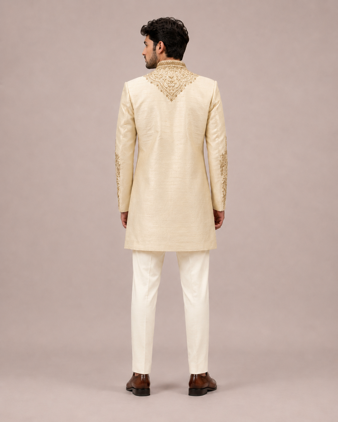 Yellow Raw Silk Indo Western for Men with Hand Work