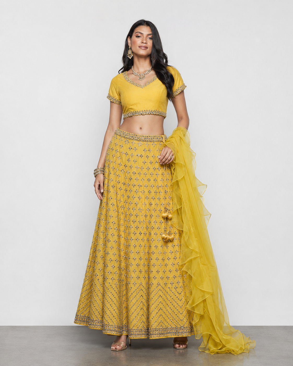 Yellow Raw Silk Lehenga Choli with Miral and Kashab Work