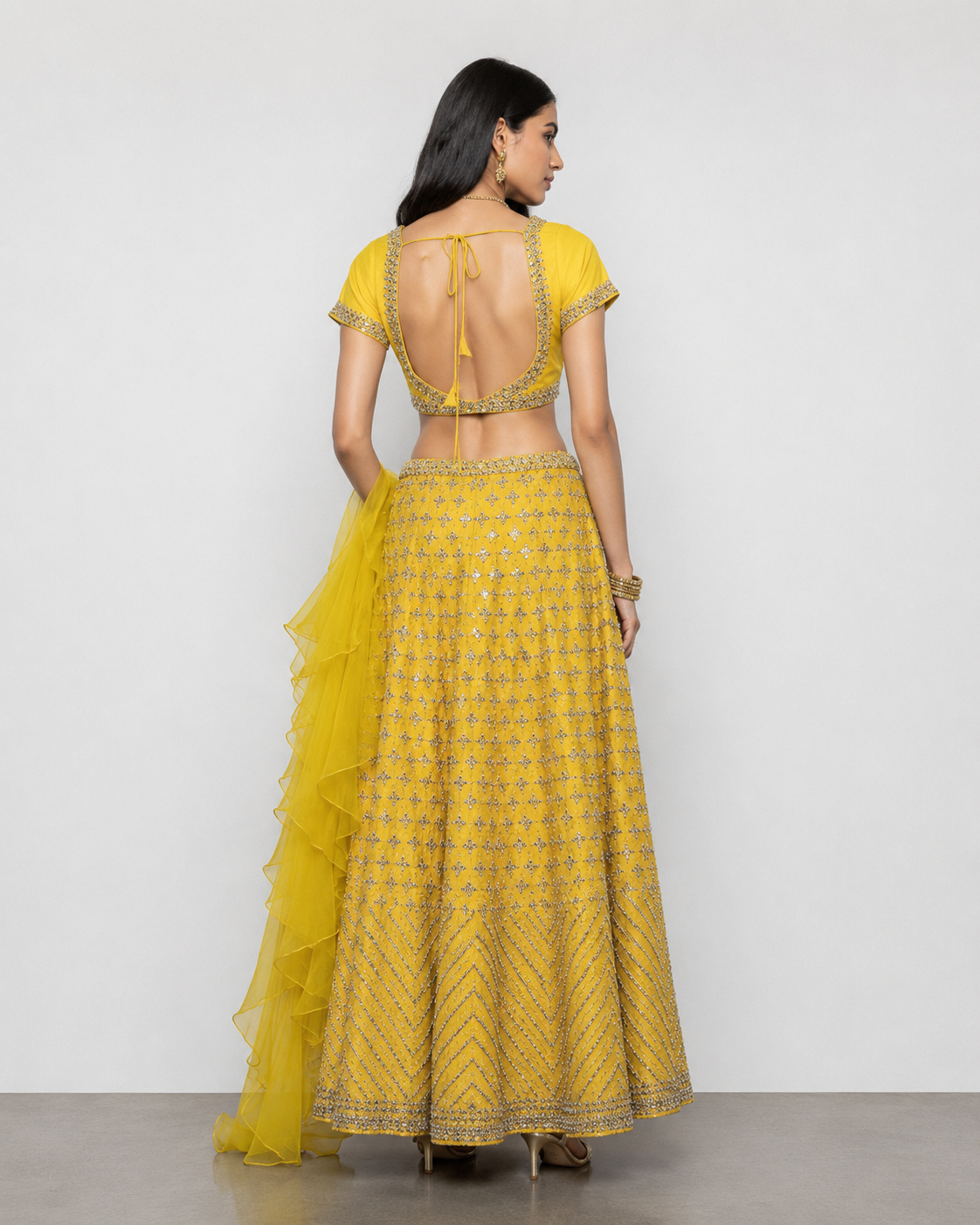 Yellow Raw Silk Lehenga Choli with Miral and Kashab Work