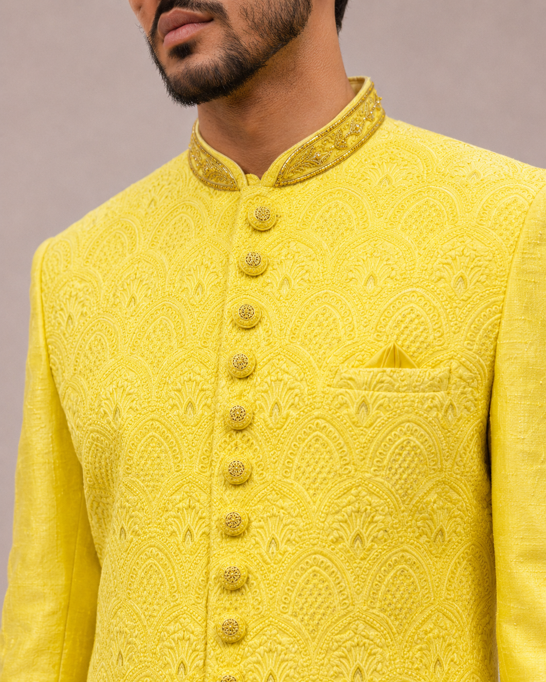 Yellow Silk Indo Western for Men with Lakhnavi and Neck Button Hand Work