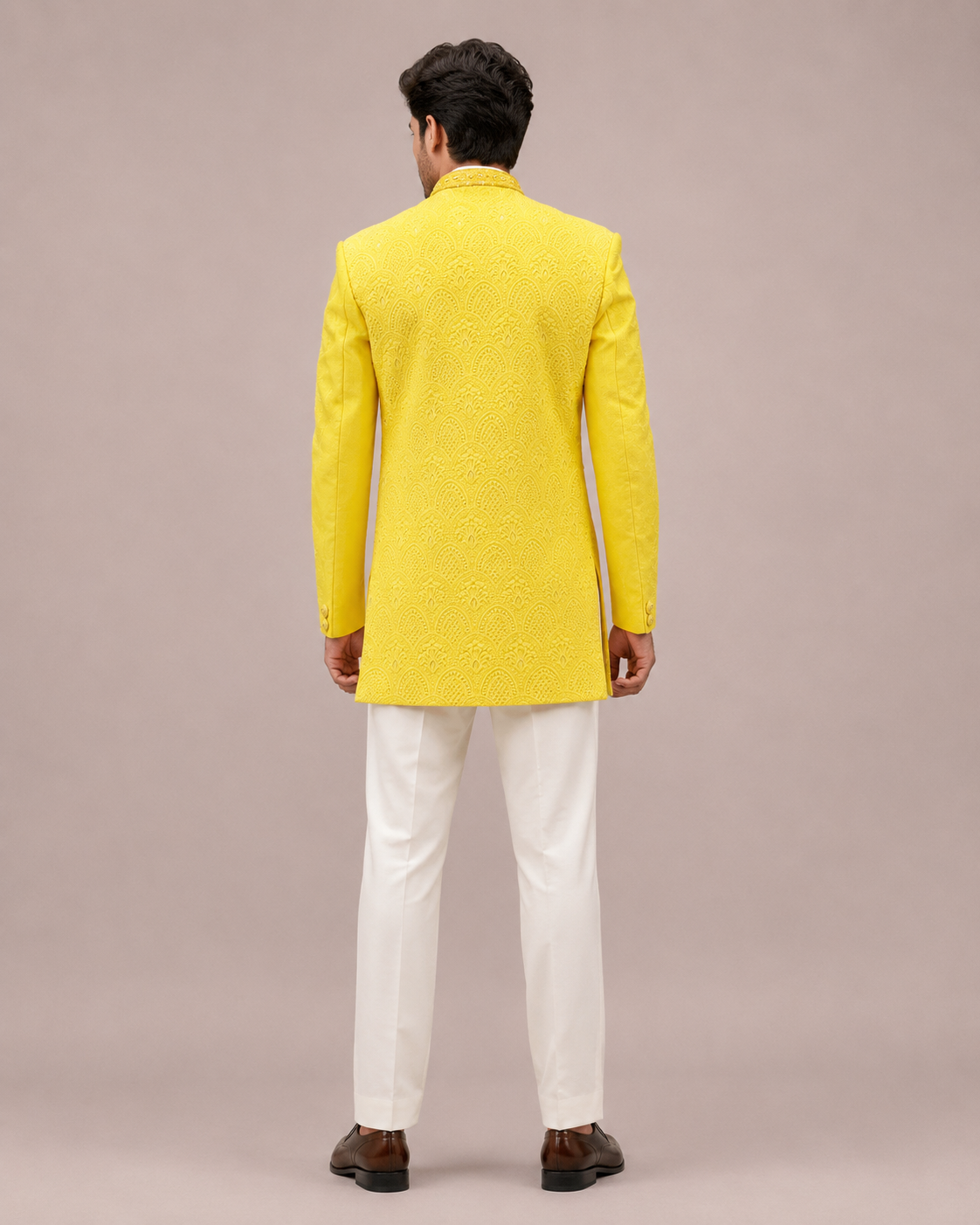 Yellow Silk Indo Western for Men with Lakhnavi and Neck Button Hand Work