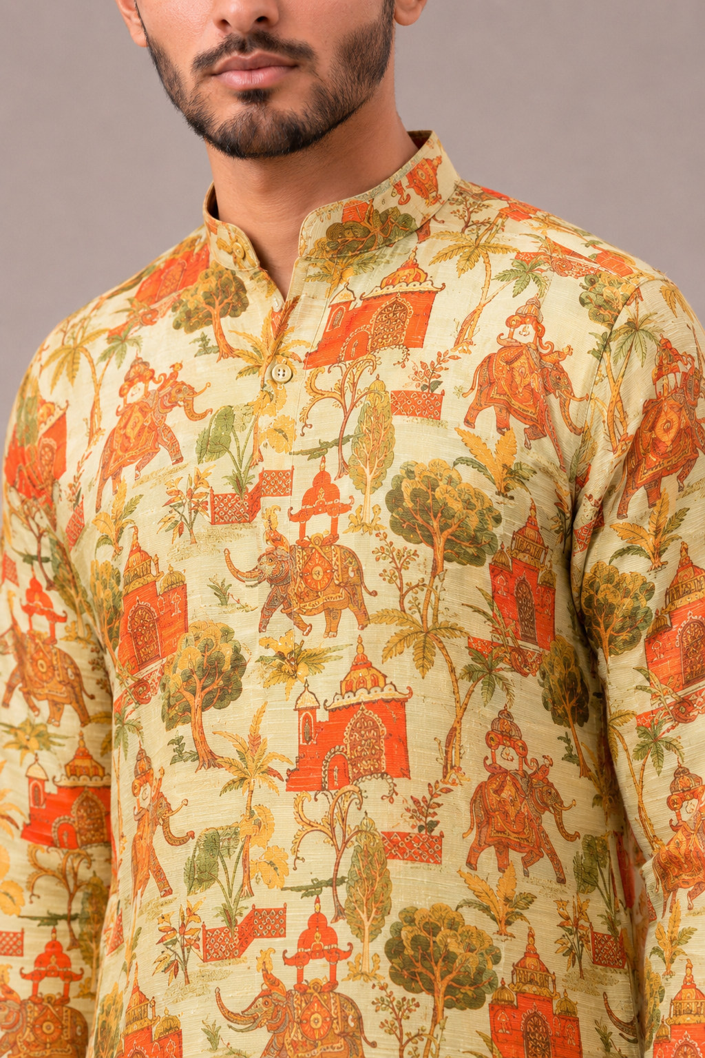 Yellow Silk Kurta Set with Print Work