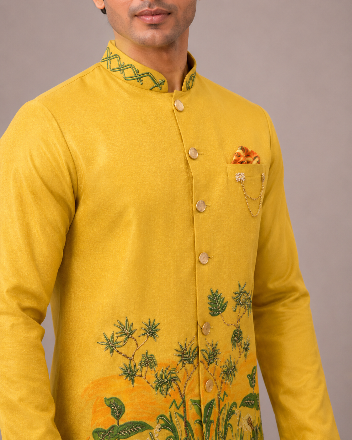 Yellow Silk Kurta Set with Hand Print and Hand Work