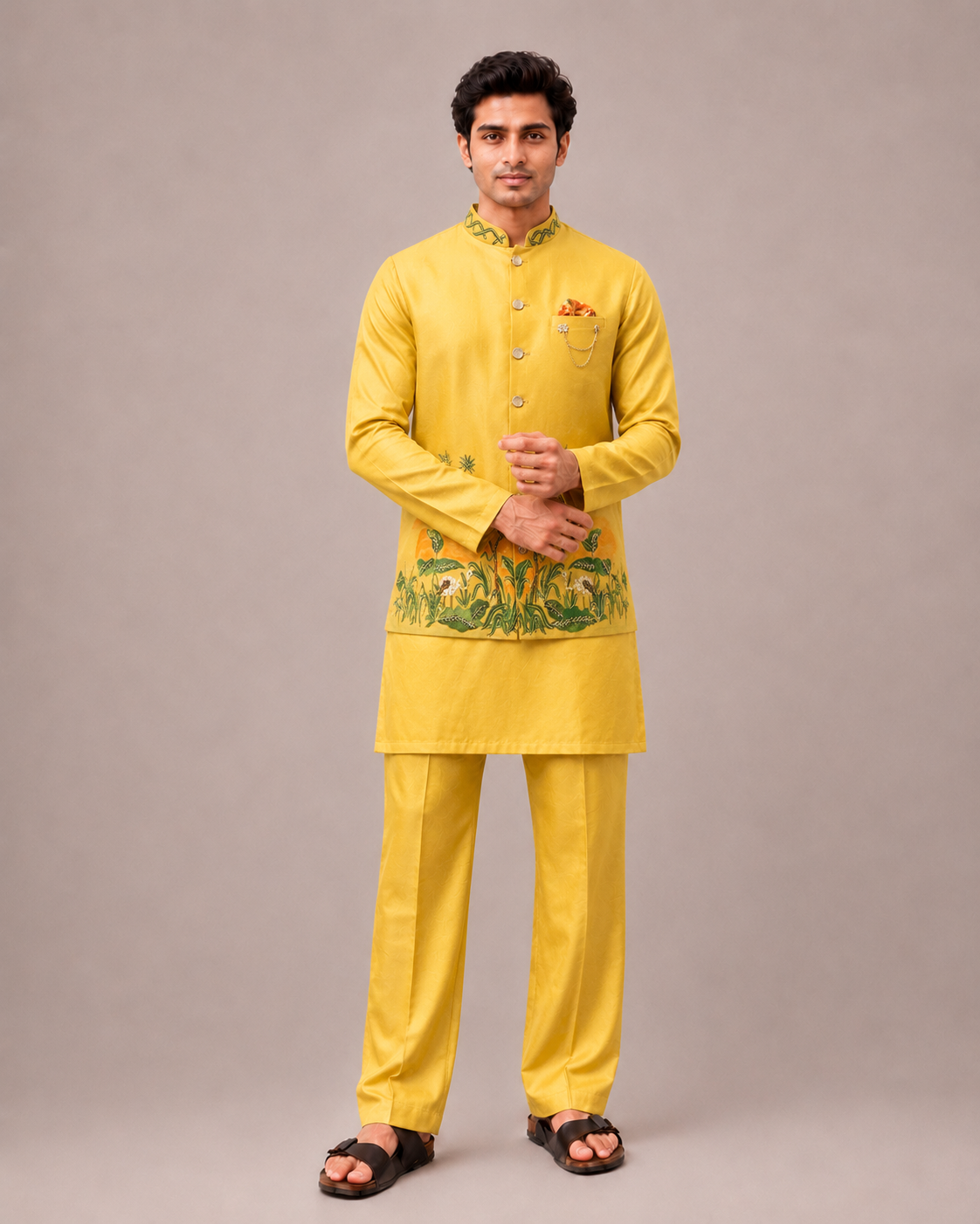 Yellow Silk Kurta Set with Hand Print and Hand Work