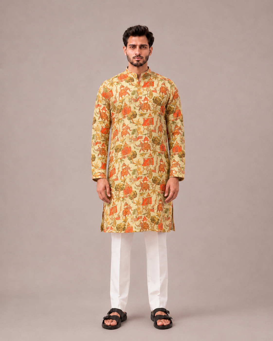 Yellow Silk Kurta Set with Print Work