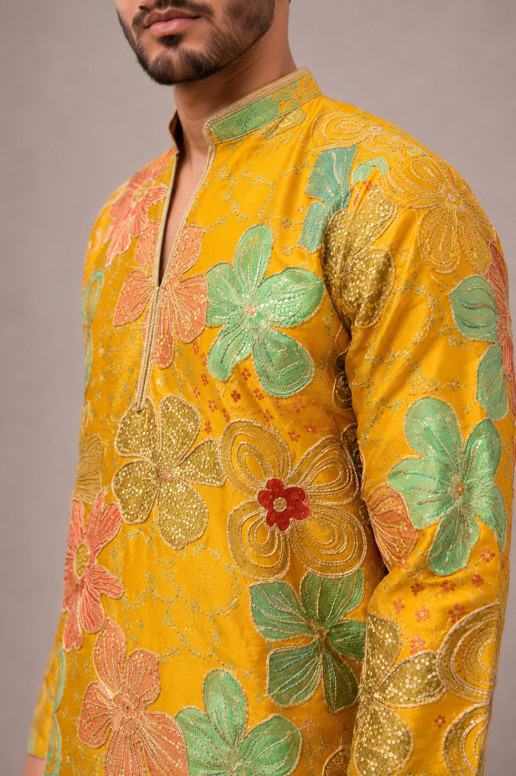 Yellow Silk Kurta Set with V Neck Flower Print and Thread Work
