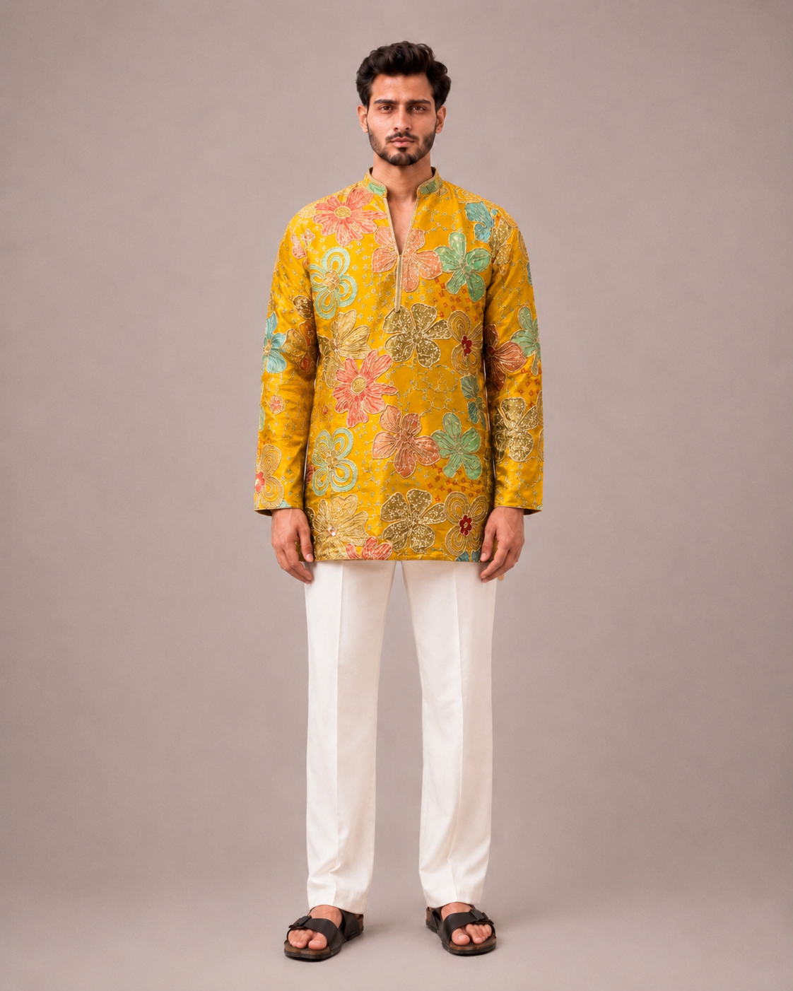 Yellow Silk Kurta Set with V Neck Flower Print and Thread Work