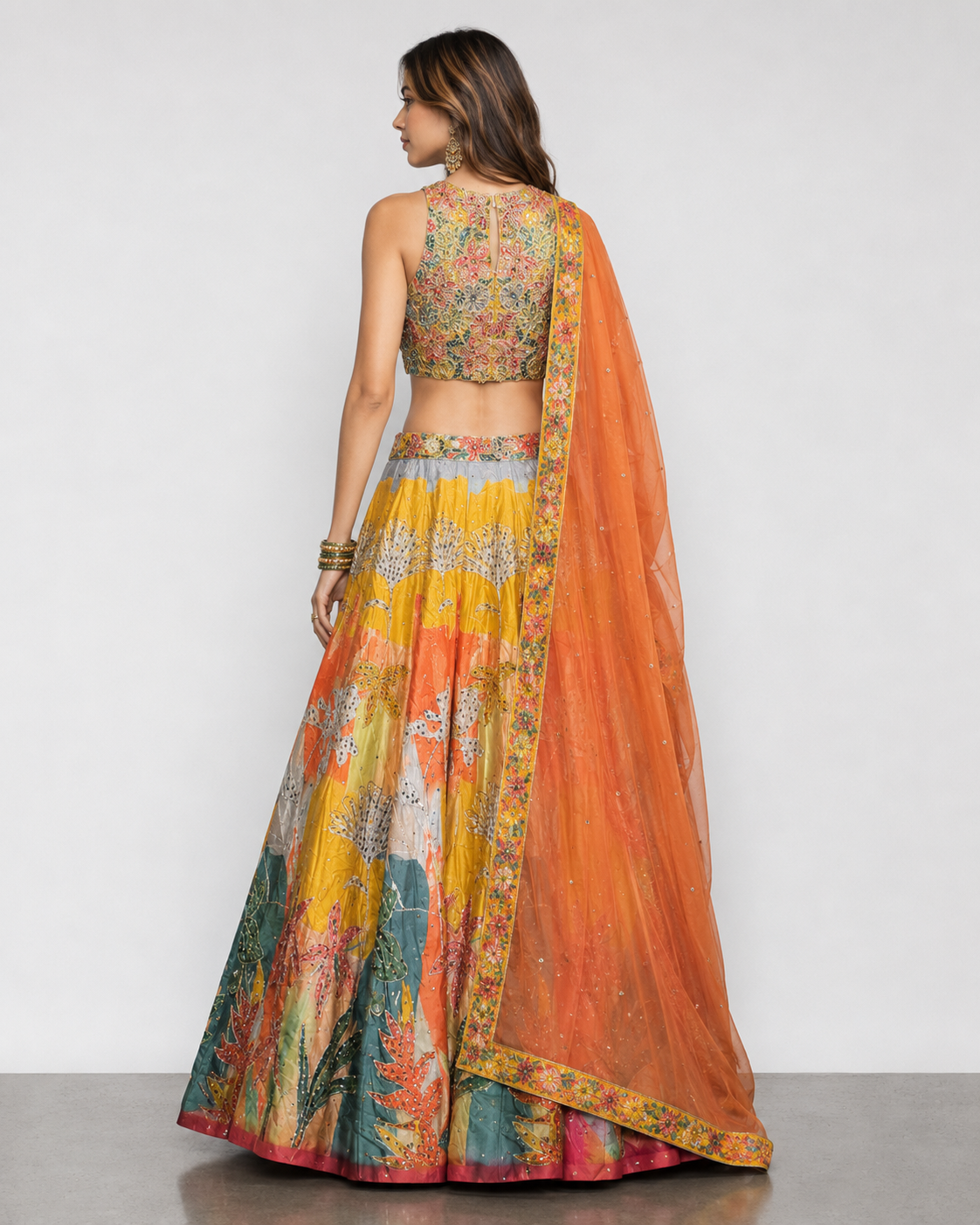 Yellow Soft Silk Choli with Multi Sequins and Floral Print Work