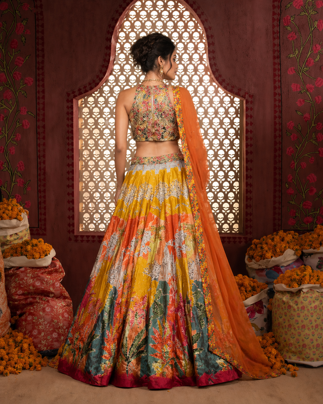 Yellow Soft Silk Choli with Multi Sequins and Floral Print Work