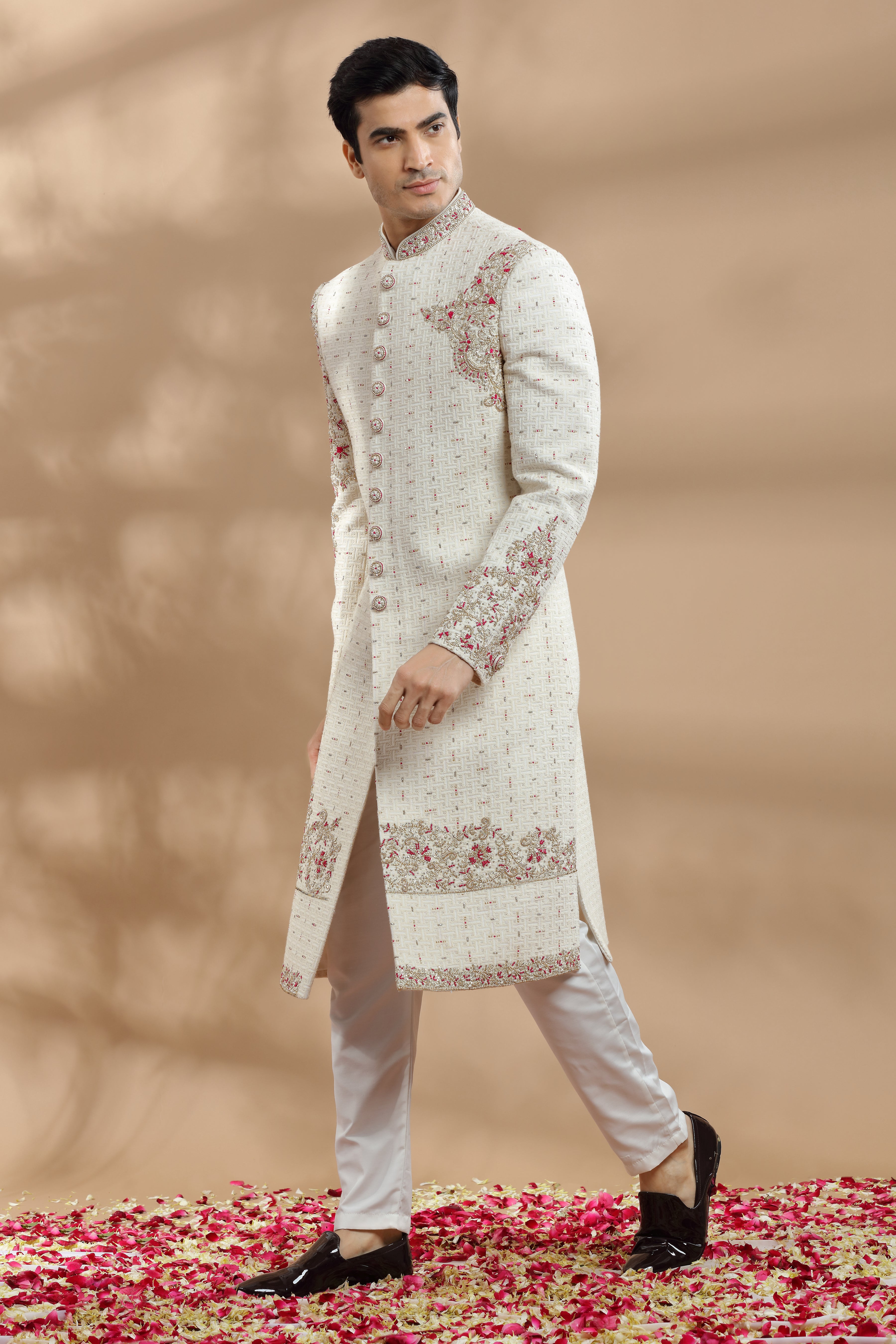 Buy Ivory Hand Embroidered Sherwani In Zardosi Work Shreeman