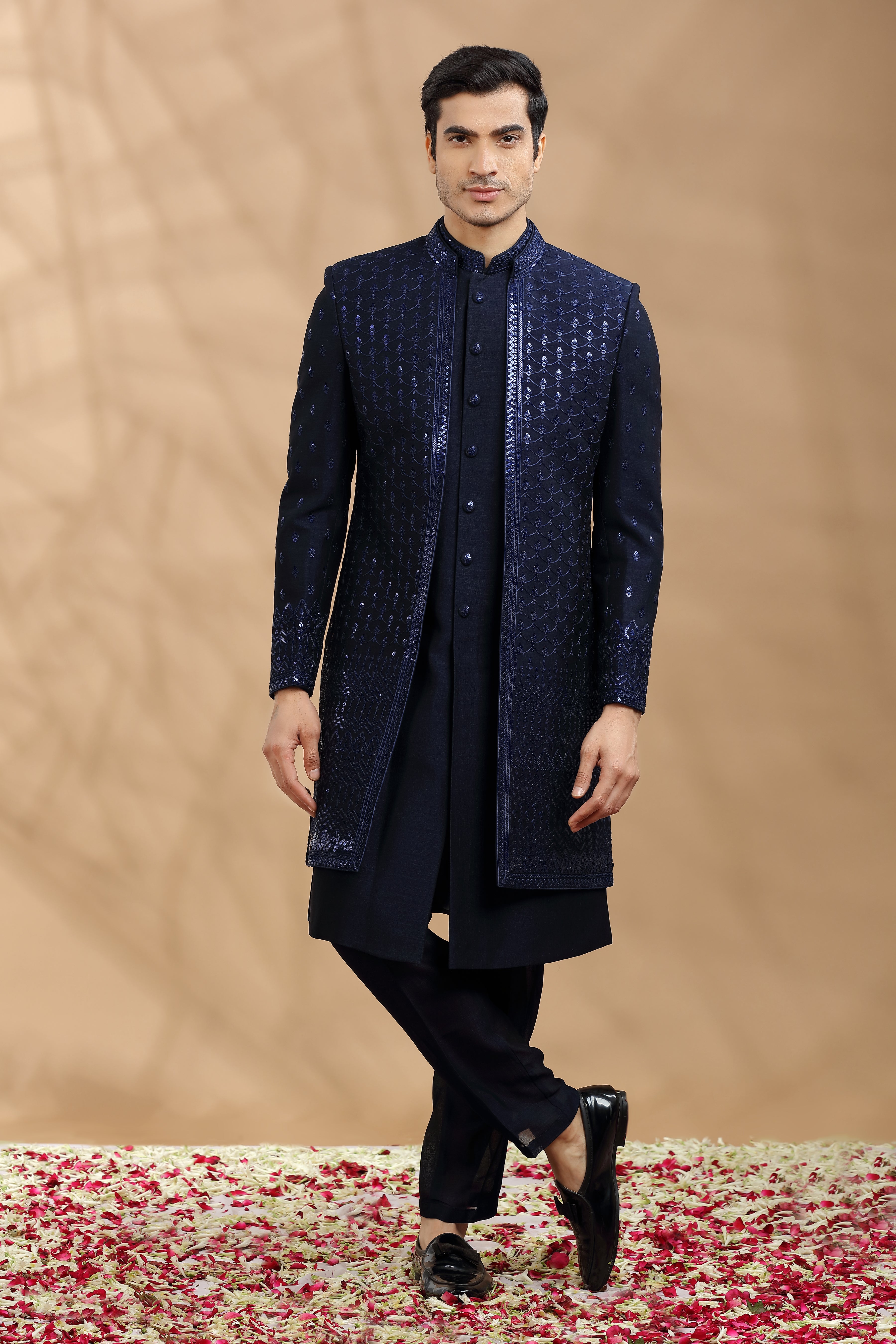 Teal Wedding Wear Readymade Glamorous Indo Western For Men In Art Silk  Fabric
