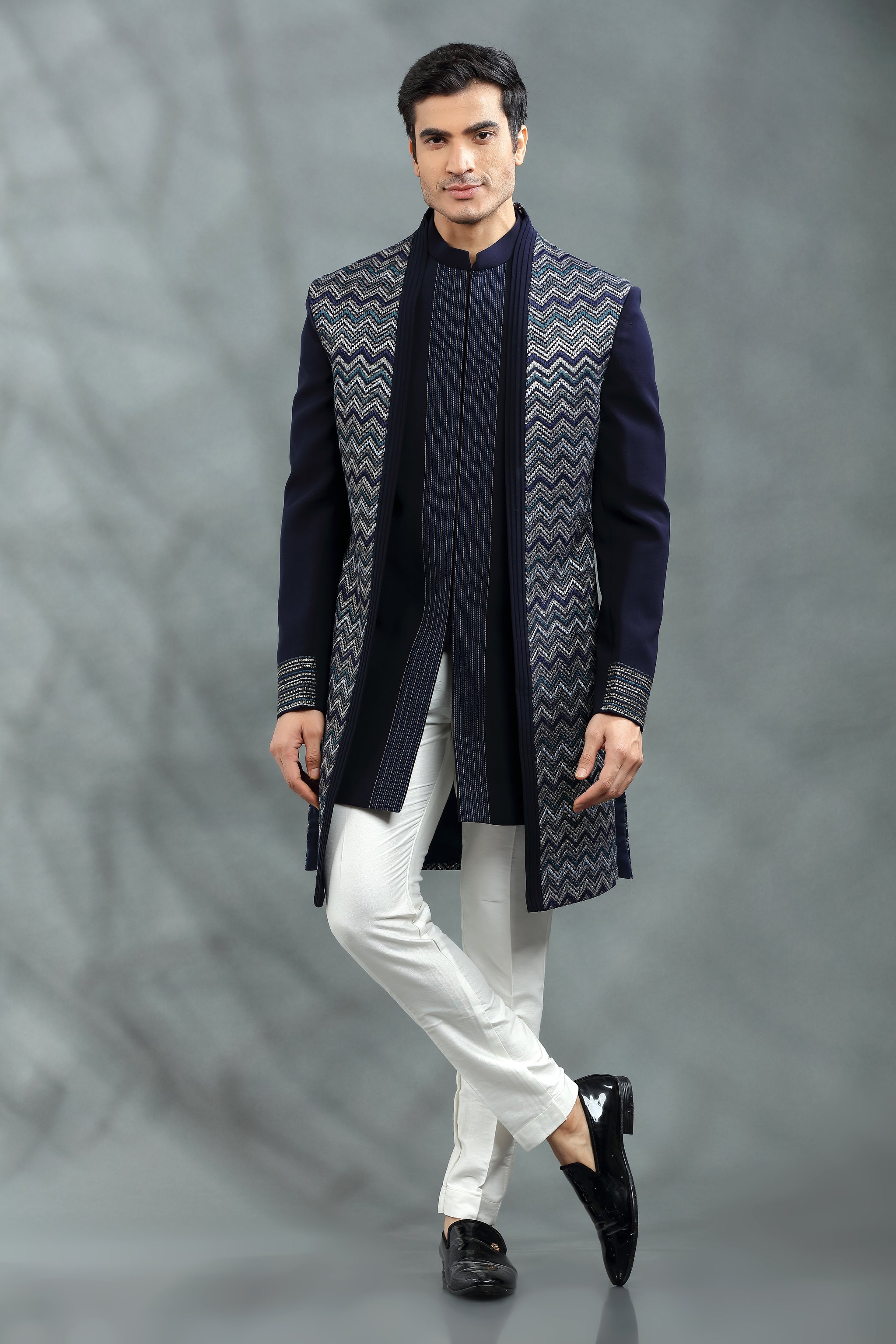 Navy Blue Indo Western Double Layered Jacket in Hand Embroidered Thread ...