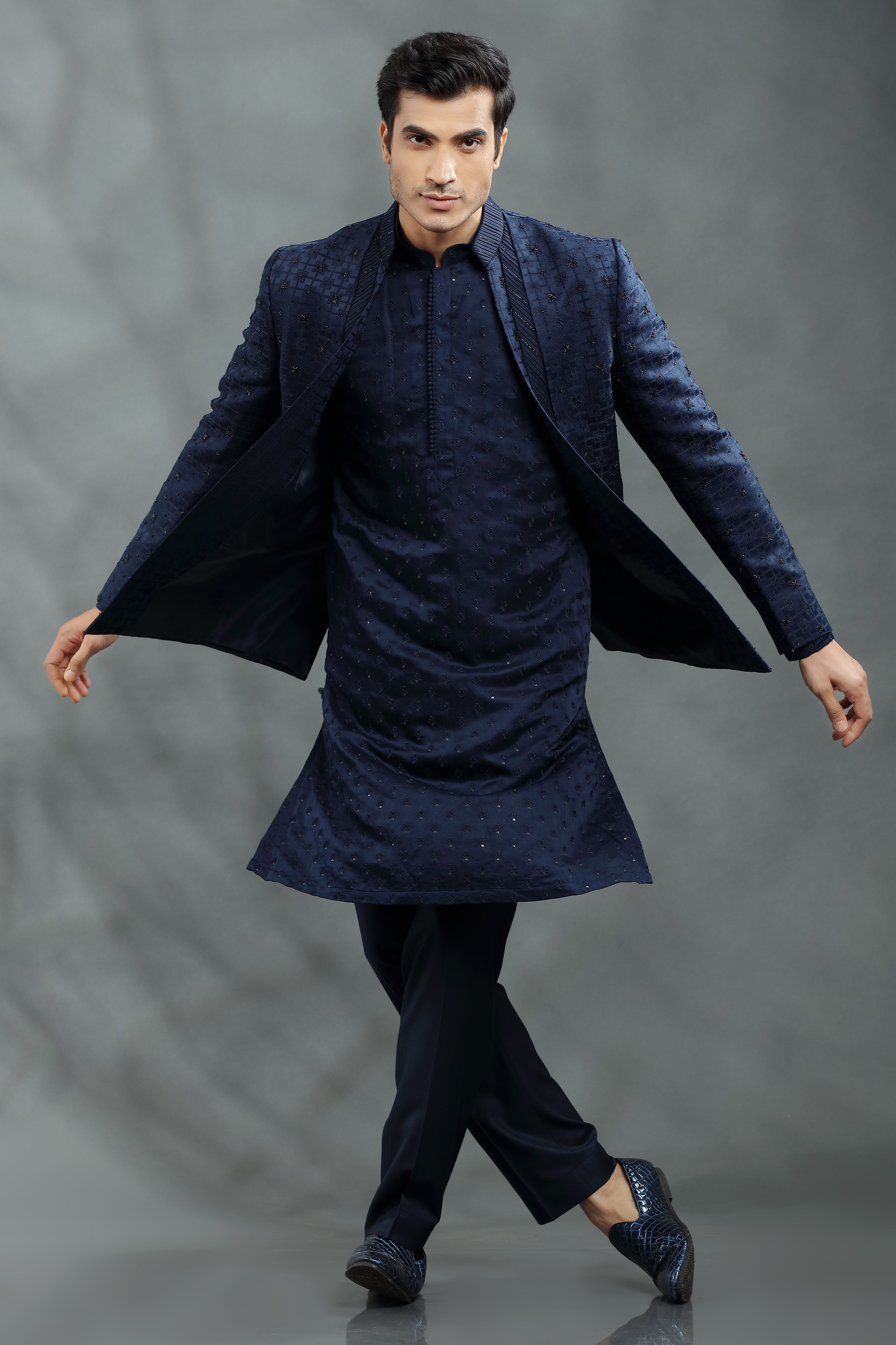 Men Coral Blue Button Down Kurta With Straight Pants