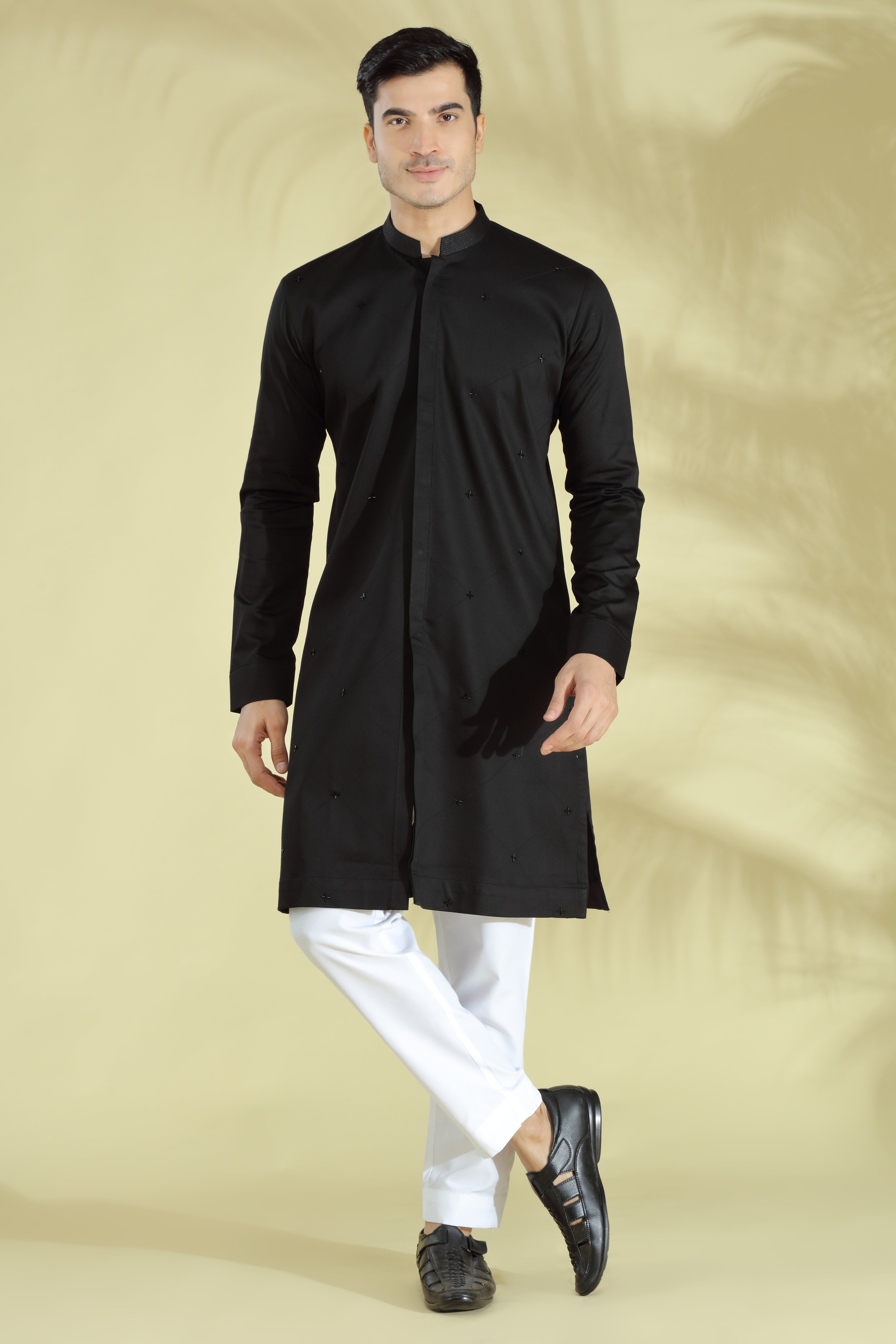 Black silk kurta with front placket , embroidered with self geomtric p