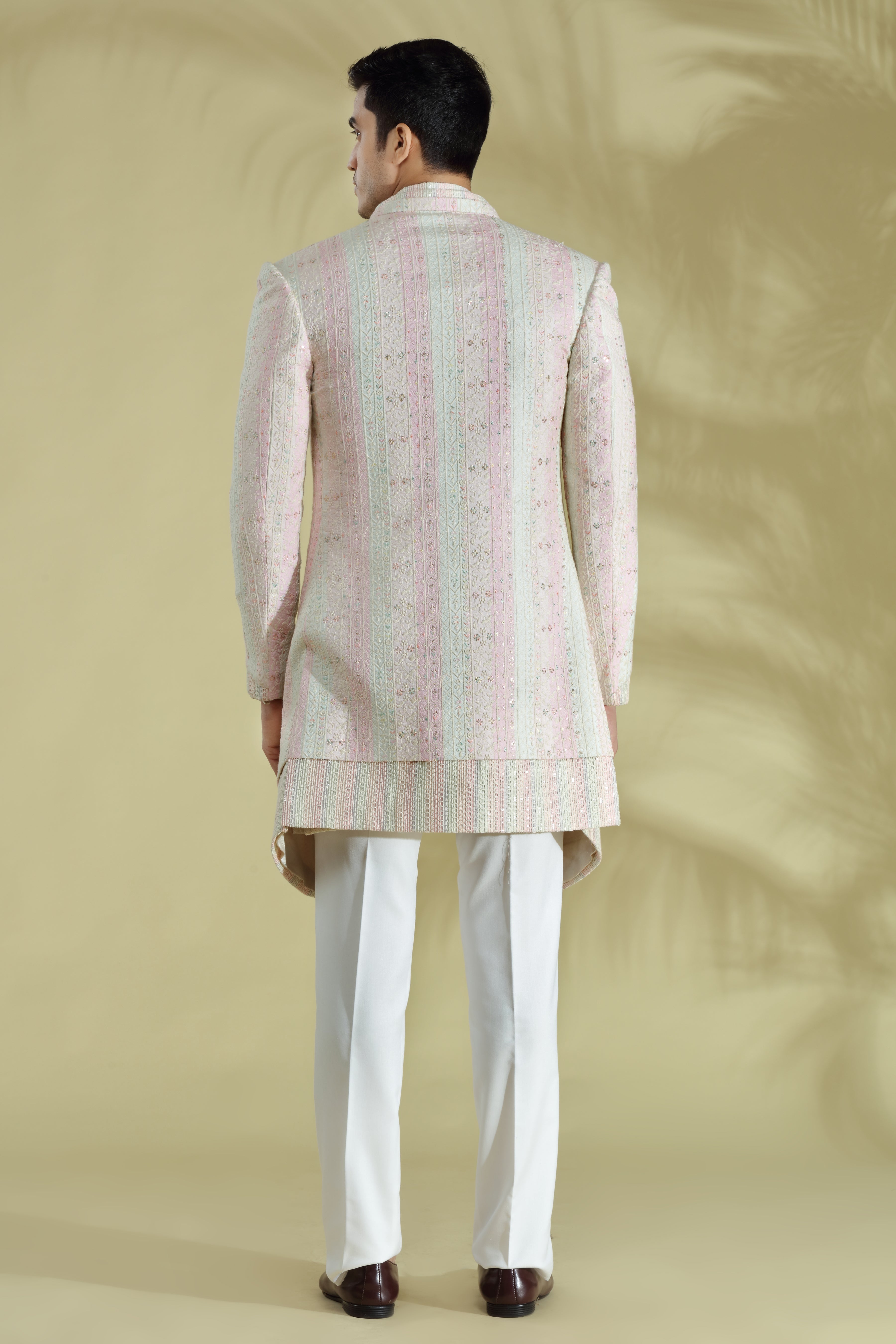 Pastel indowestern double layred jacket with short kurta , intricately embroidered with resham thread work and sequins. - Shreeman